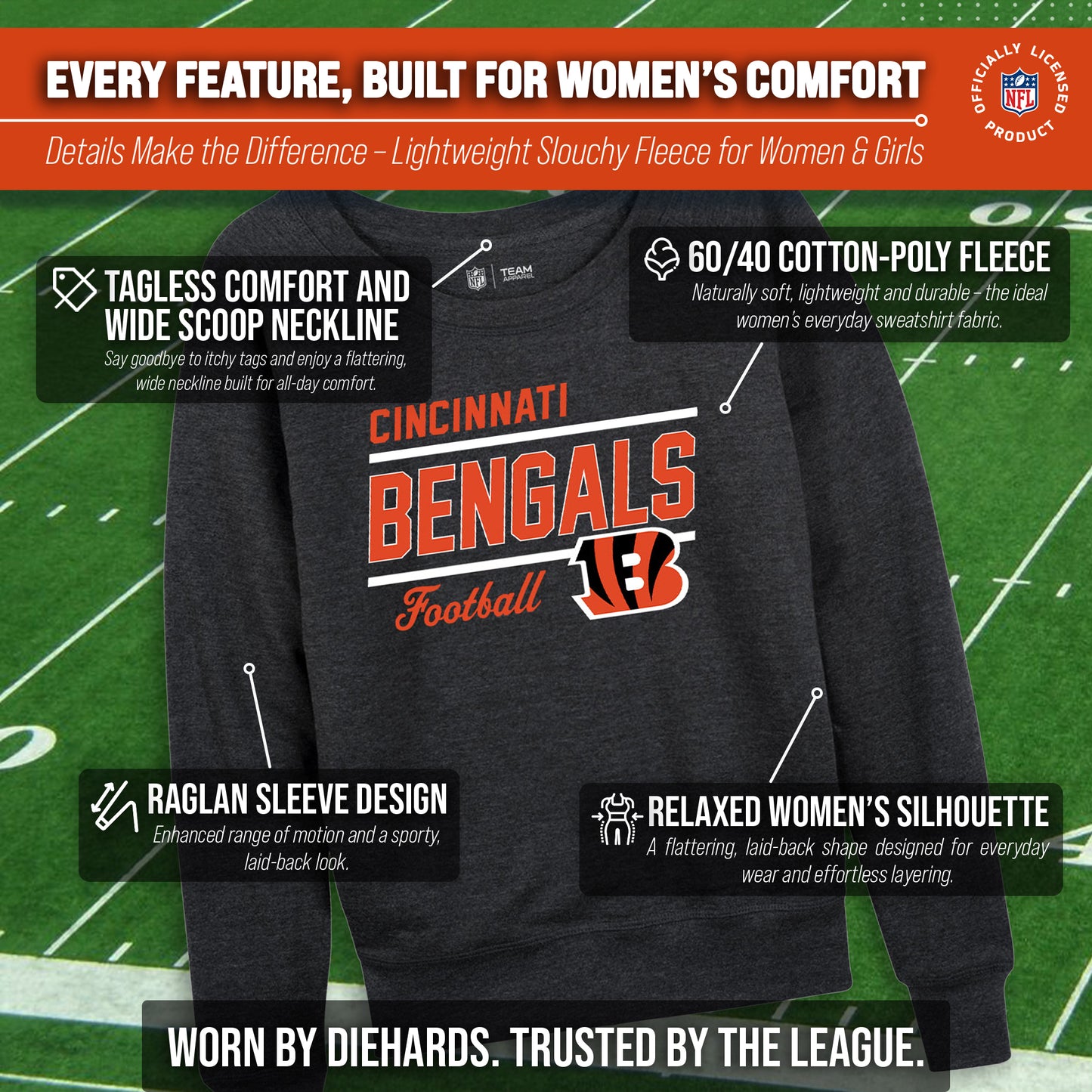 Cincinnati Bengals NFL Womens Crew Neck Light Weight - Charcoal