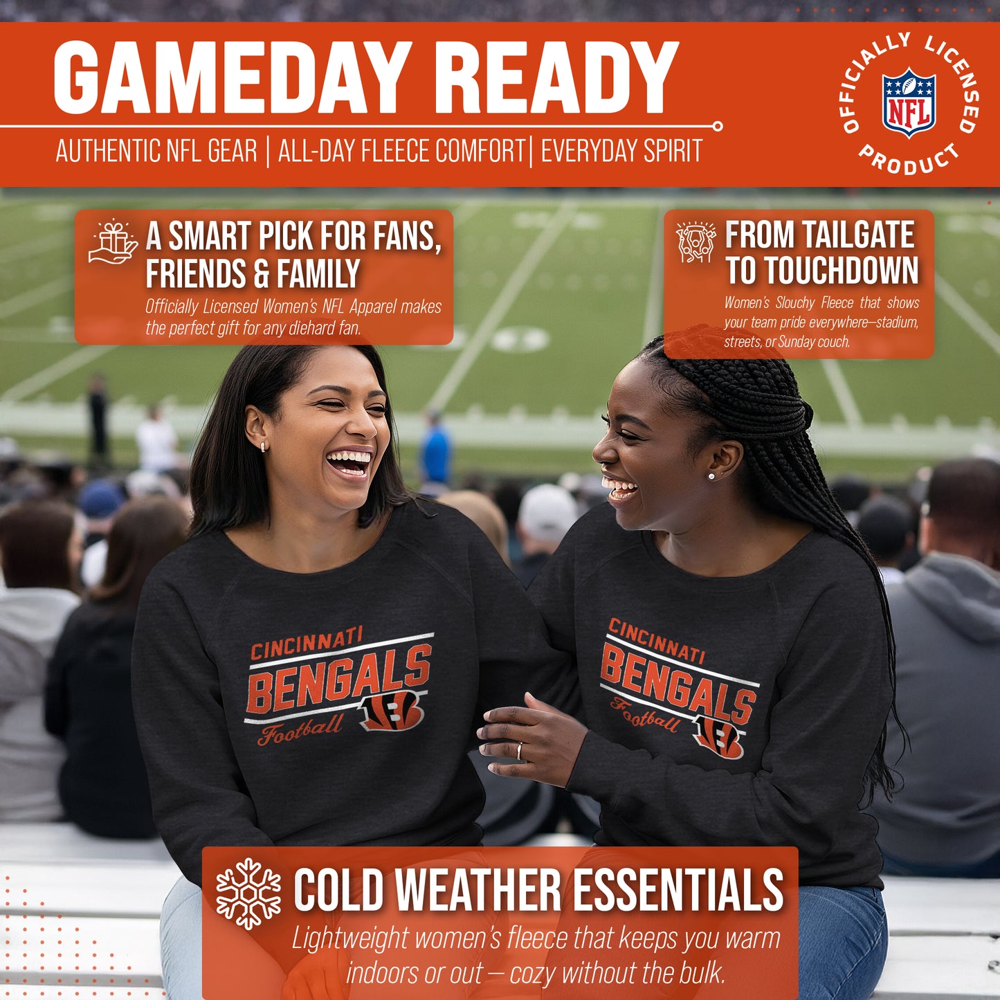 Cincinnati Bengals NFL Womens Crew Neck Light Weight - Charcoal