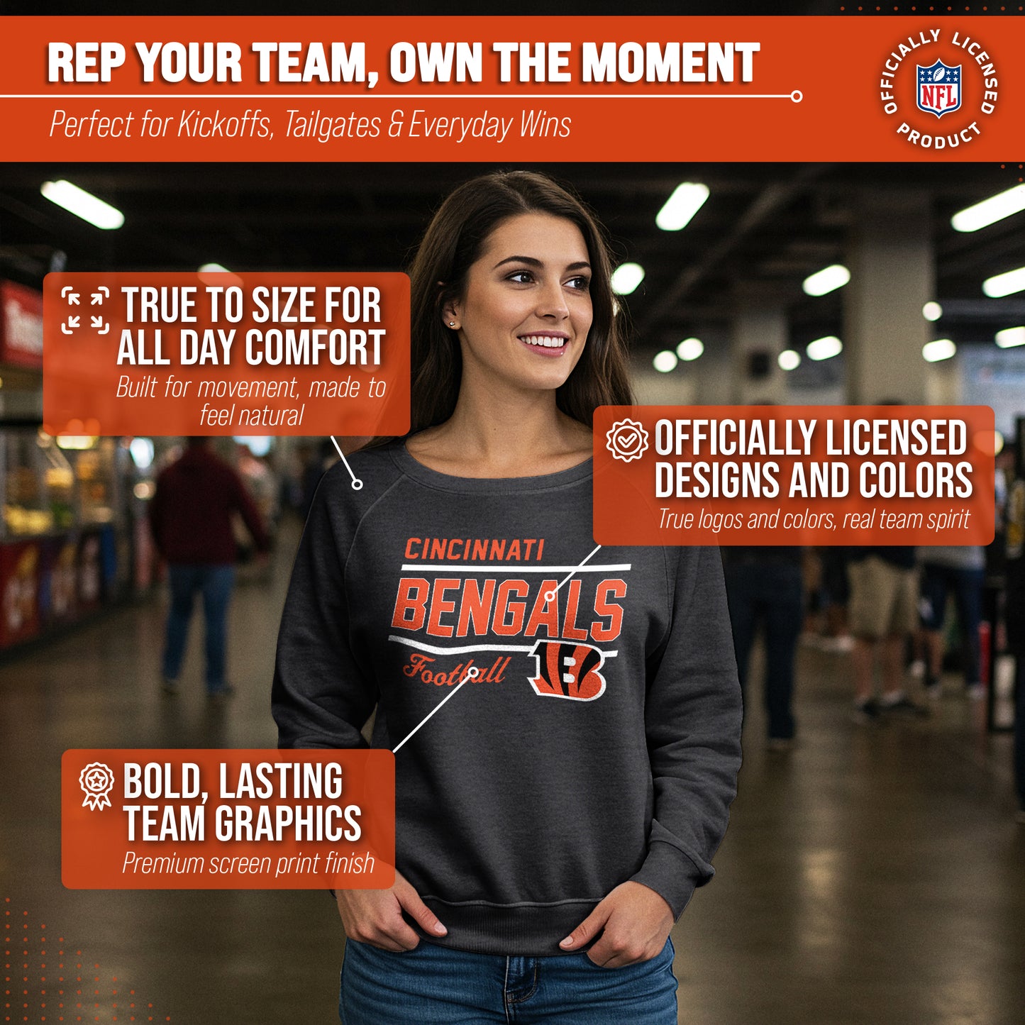 Cincinnati Bengals NFL Womens Crew Neck Light Weight - Charcoal