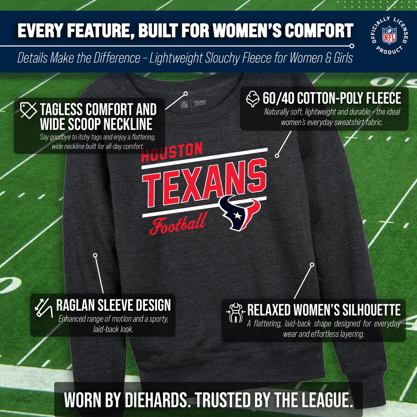 Houston Texans NFL Womens Crew Neck Light Weight - Heather Charcoal