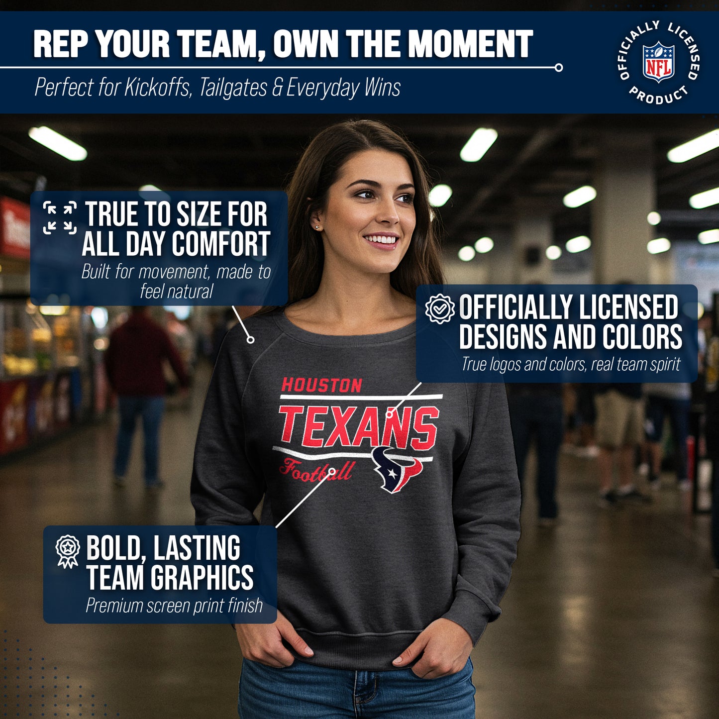 Houston Texans NFL Womens Crew Neck Light Weight - Heather Charcoal