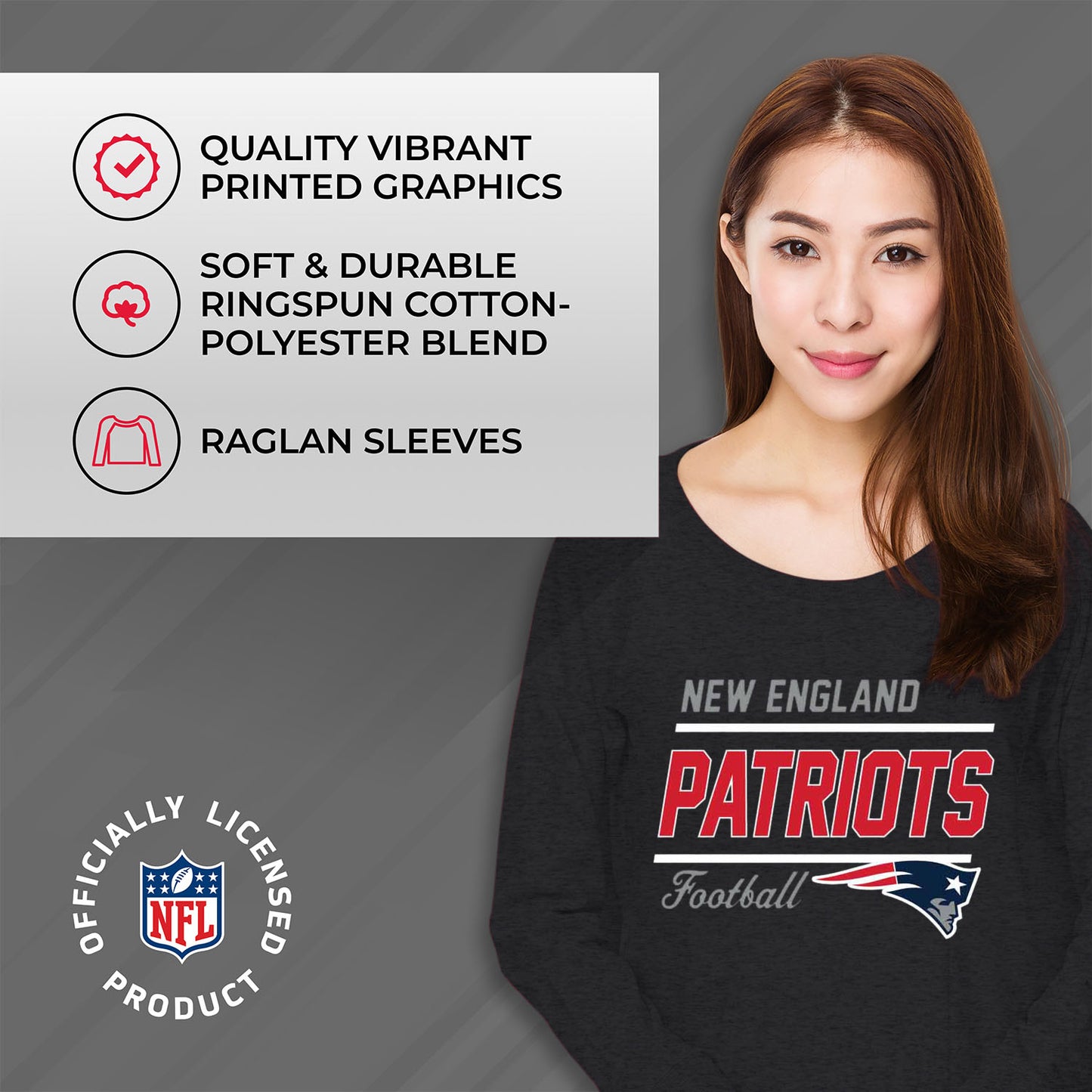 New England Patriots NFL Womens Crew Neck Light Weight - Heather Charcoal