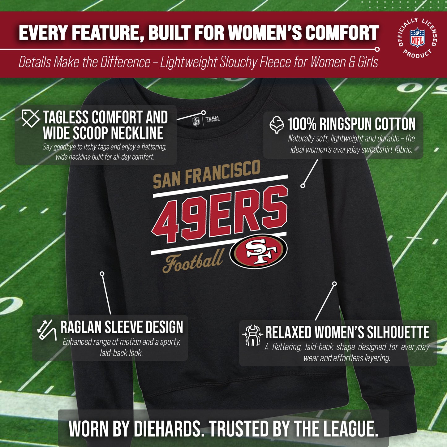 San Francisco 49ers NFL Womens Crew Neck Light Weight - Black