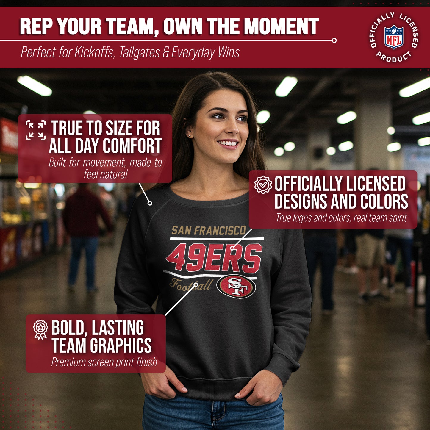 San Francisco 49ers NFL Womens Crew Neck Light Weight - Black