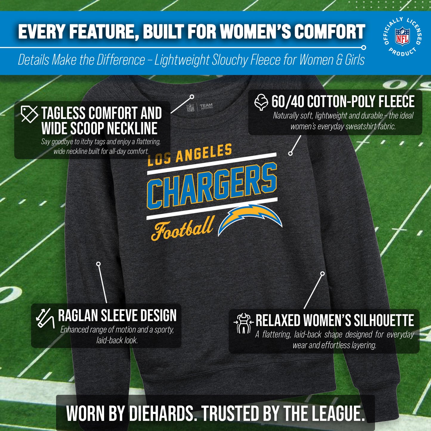 Los Angeles Chargers NFL Womens Crew Neck Light Weight - Heather Charcoal