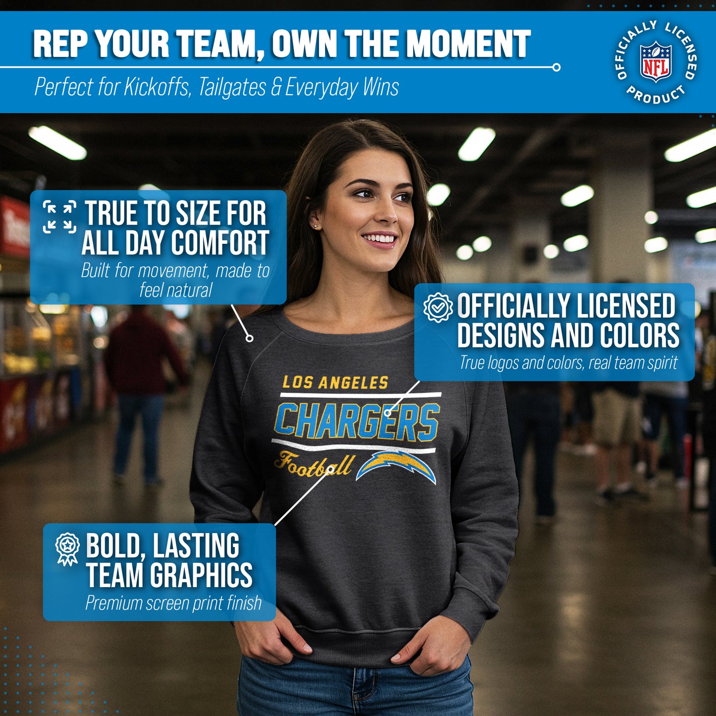 Los Angeles Chargers NFL Womens Crew Neck Light Weight - Heather Charcoal