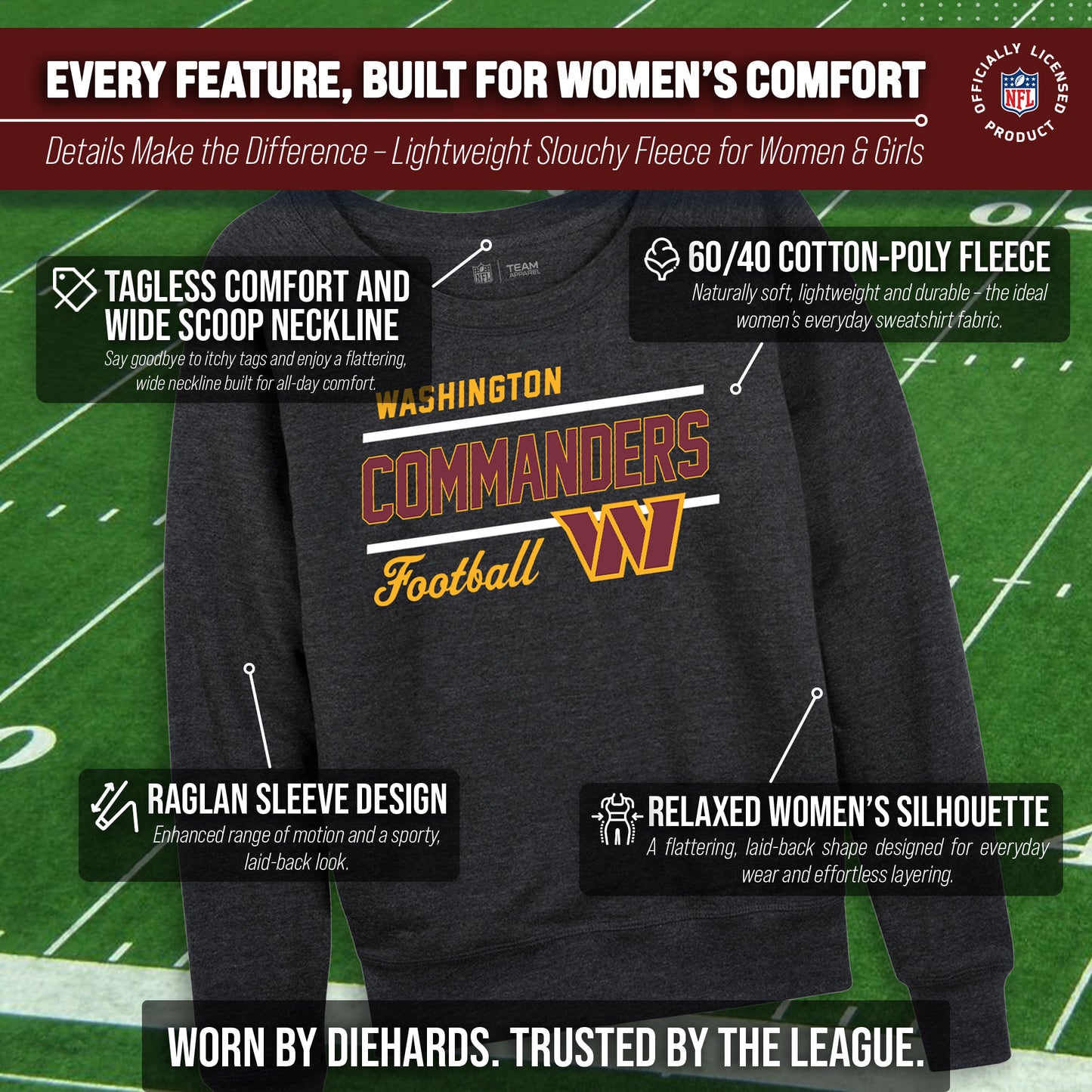Washington Commanders NFL Womens Crew Neck Light Weight - Heather Charcoal