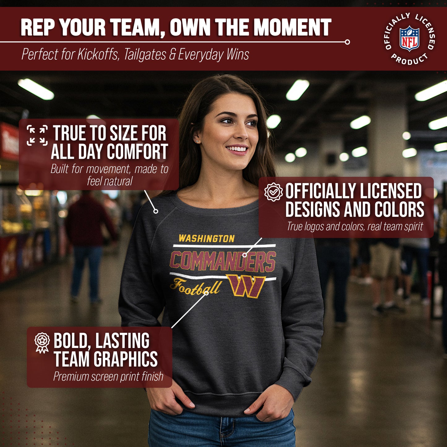 Washington Commanders NFL Womens Crew Neck Light Weight - Heather Charcoal