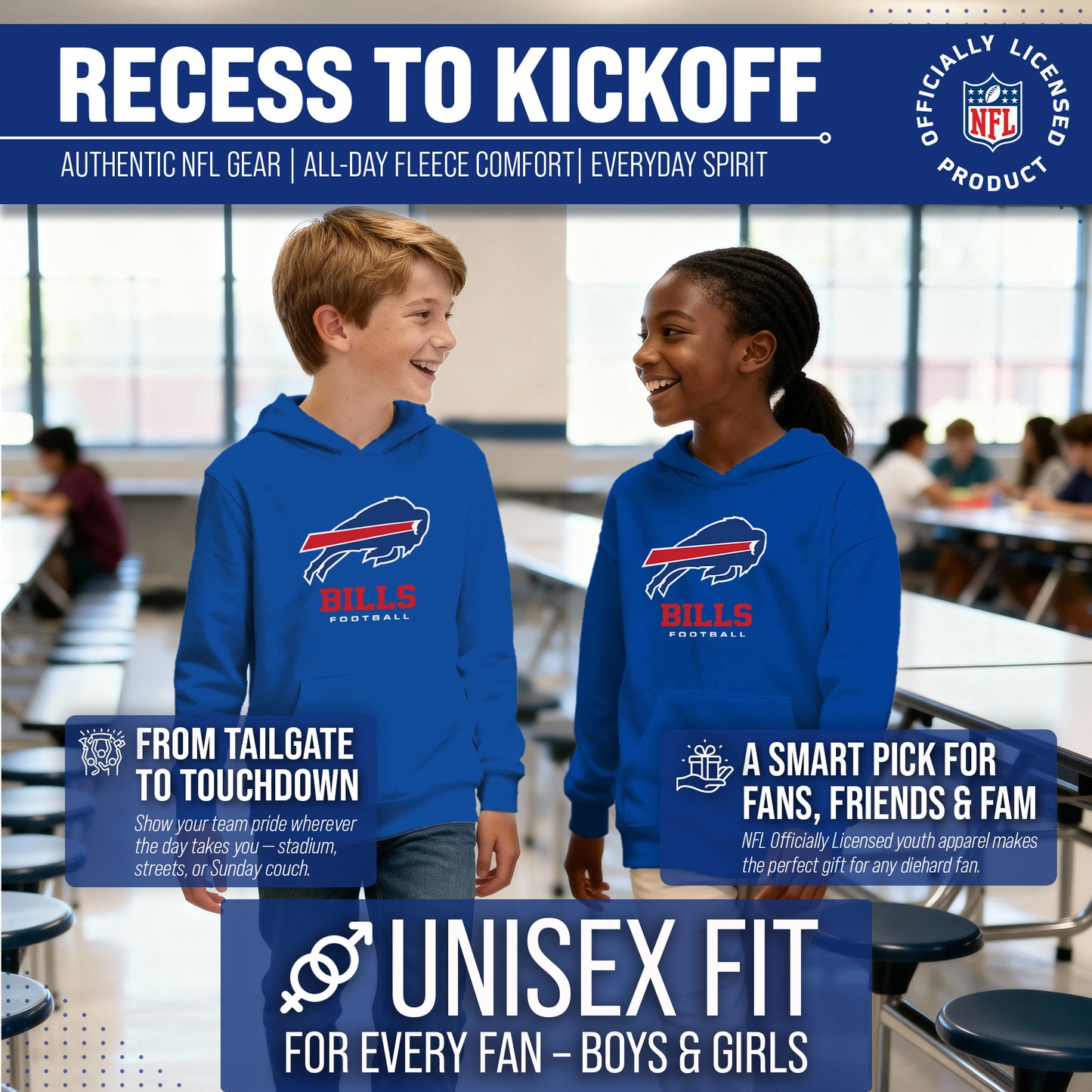 Buffalo Bills Youth NFL Ultimate Fan Logo Fleece Hooded Sweatshirt -Tagless Football Pullover For Kids - Royal