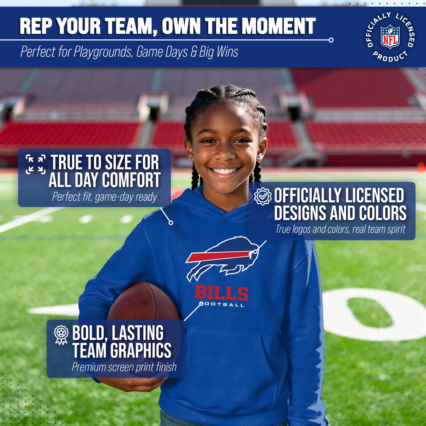 Buffalo Bills Youth NFL Ultimate Fan Logo Fleece Hooded Sweatshirt -Tagless Football Pullover For Kids - Royal