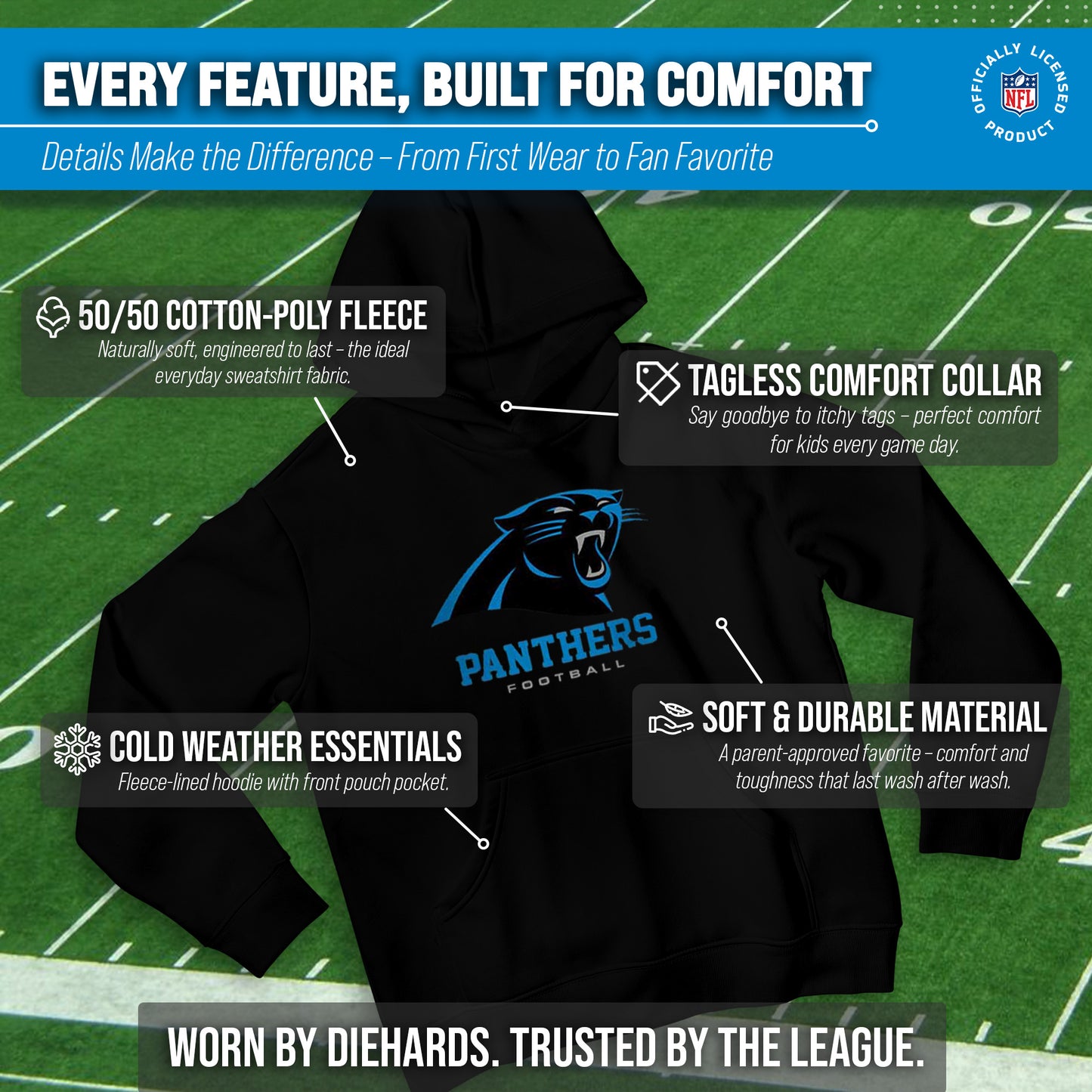 Carolina Panthers Youth NFL Ultimate Fan Logo Fleece Hooded Sweatshirt -Tagless Football Pullover For Kids - Black