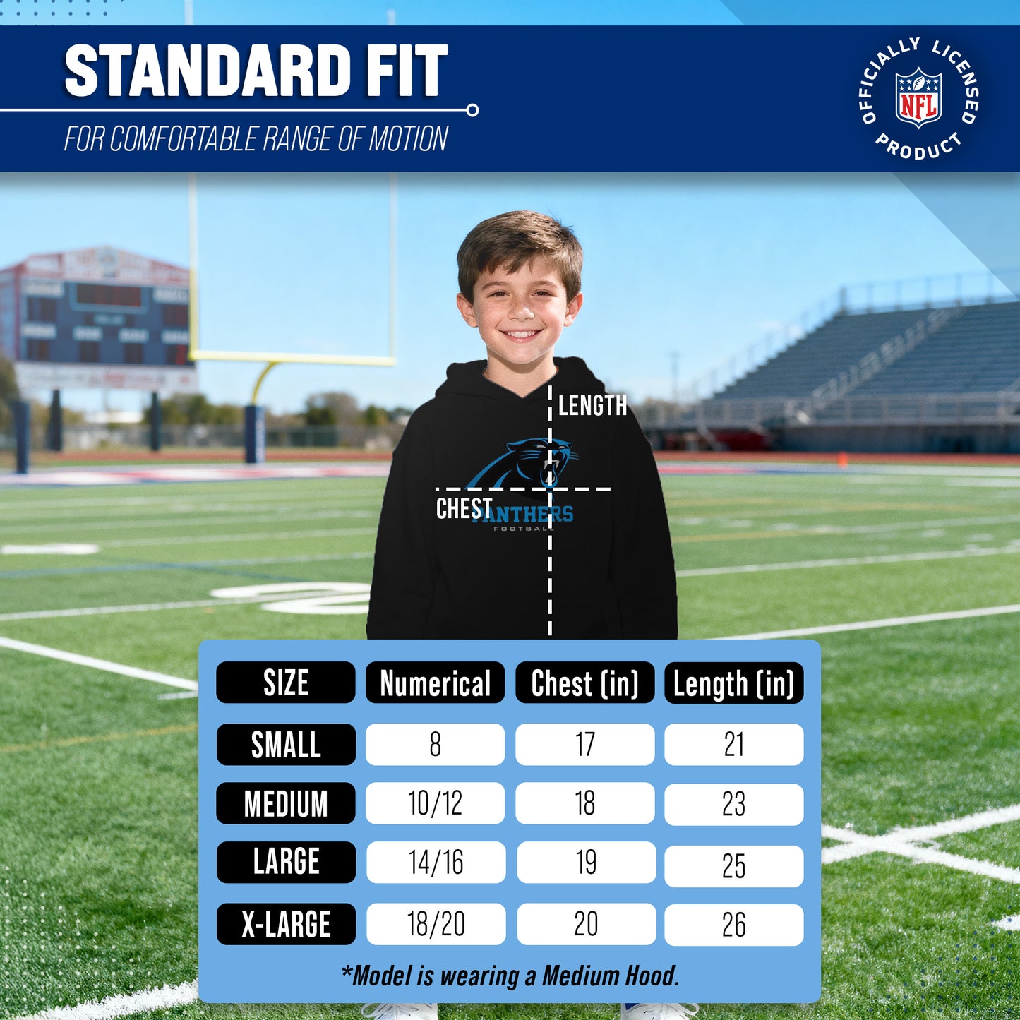 Carolina Panthers Youth NFL Ultimate Fan Logo Fleece Hooded Sweatshirt -Tagless Football Pullover For Kids - Black