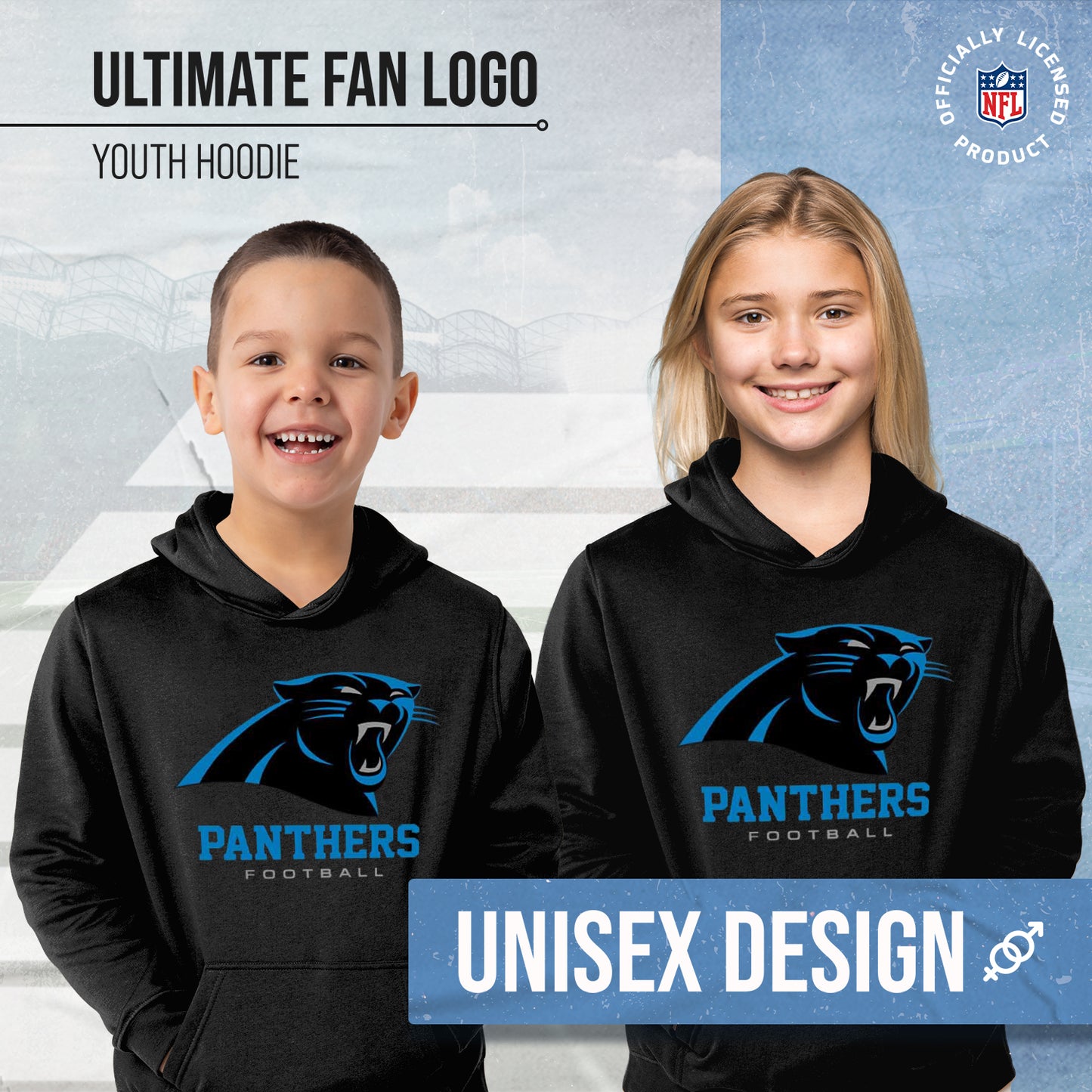 Carolina Panthers Youth NFL Ultimate Fan Logo Fleece Hooded Sweatshirt -Tagless Football Pullover For Kids - Black