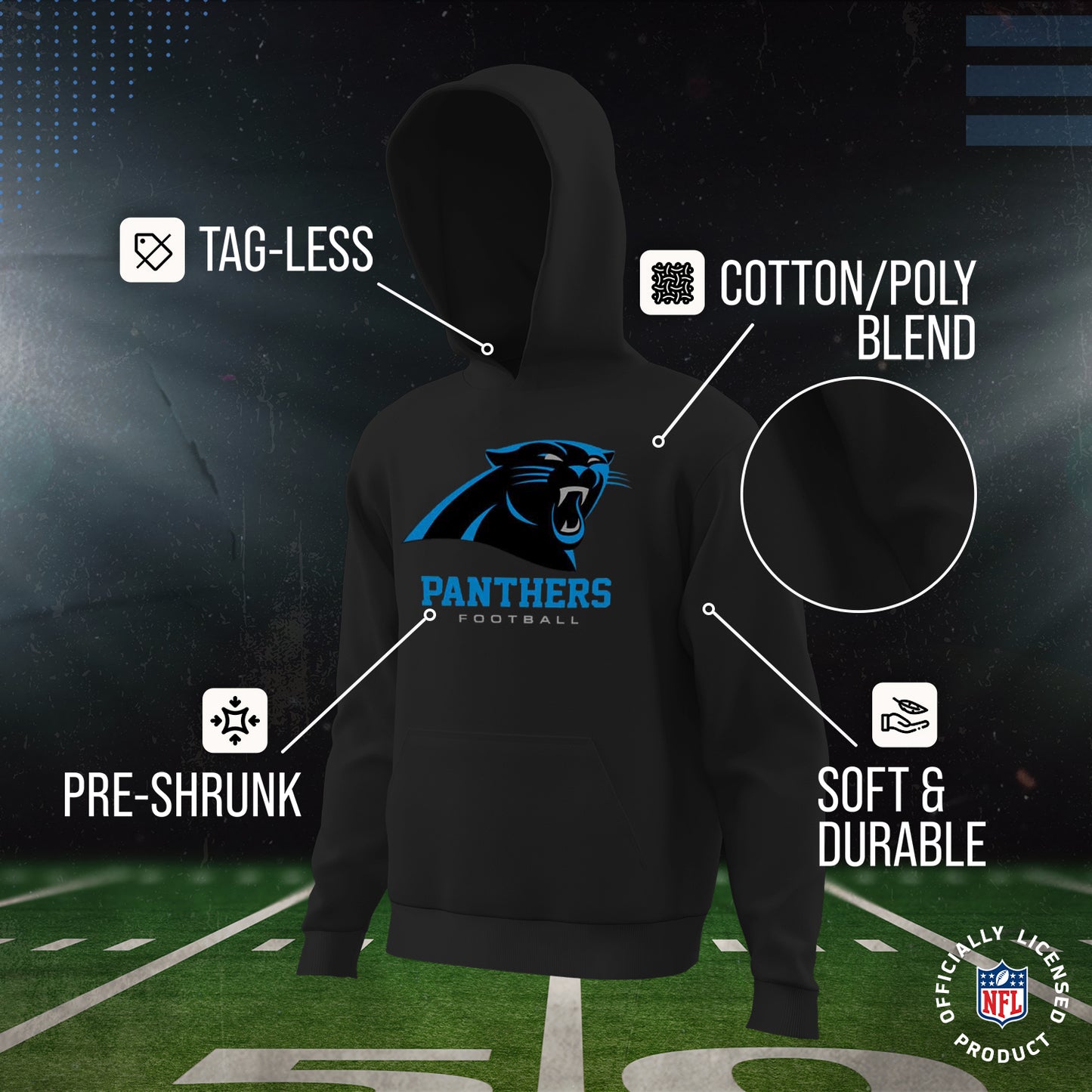 Carolina Panthers Youth NFL Ultimate Fan Logo Fleece Hooded Sweatshirt -Tagless Football Pullover For Kids - Black