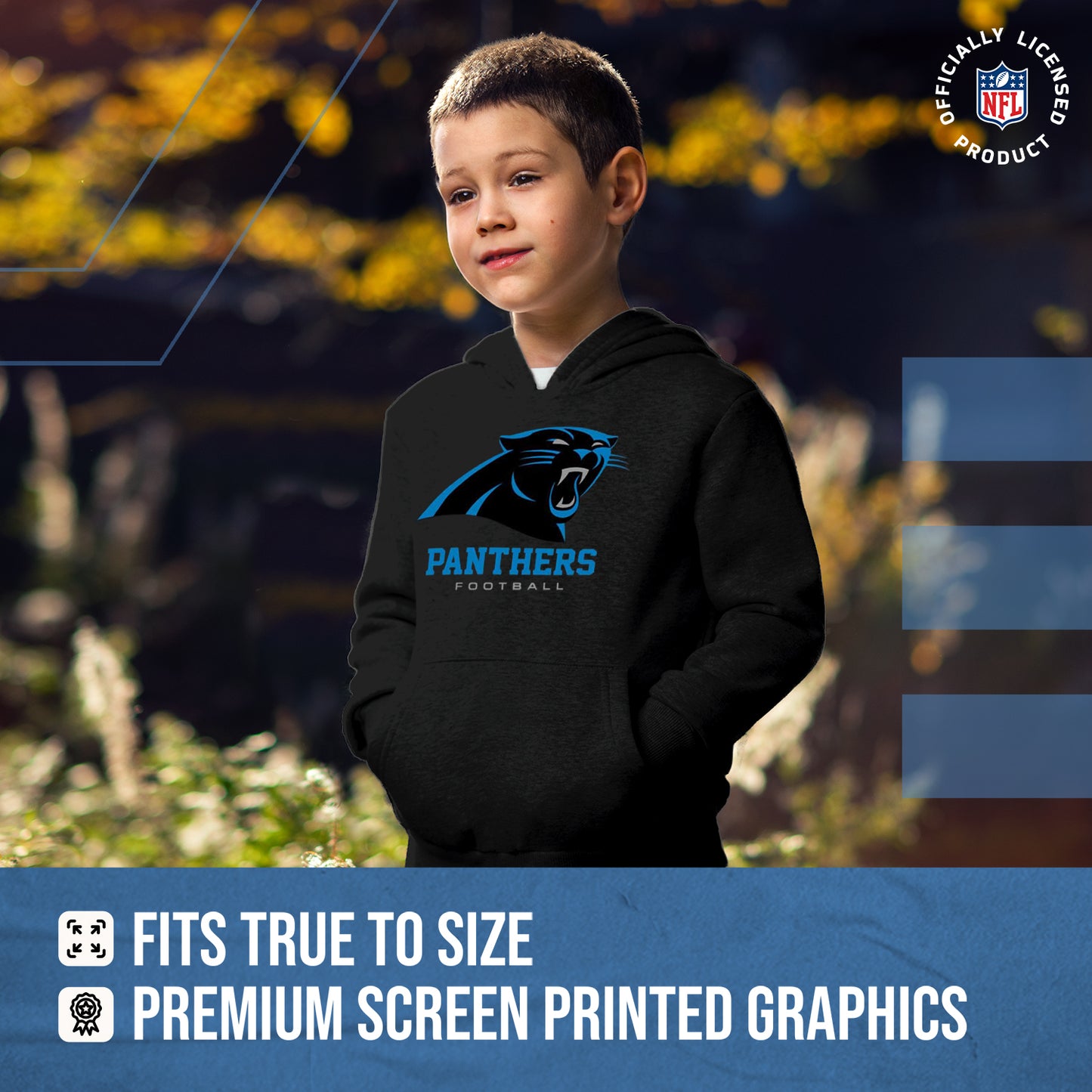 Carolina Panthers Youth NFL Ultimate Fan Logo Fleece Hooded Sweatshirt -Tagless Football Pullover For Kids - Black