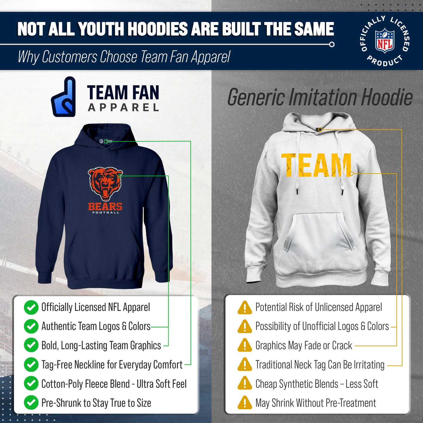 Chicago Bears Youth NFL Ultimate Fan Logo Fleece Hooded Sweatshirt -Tagless Football Pullover For Kids - Navy