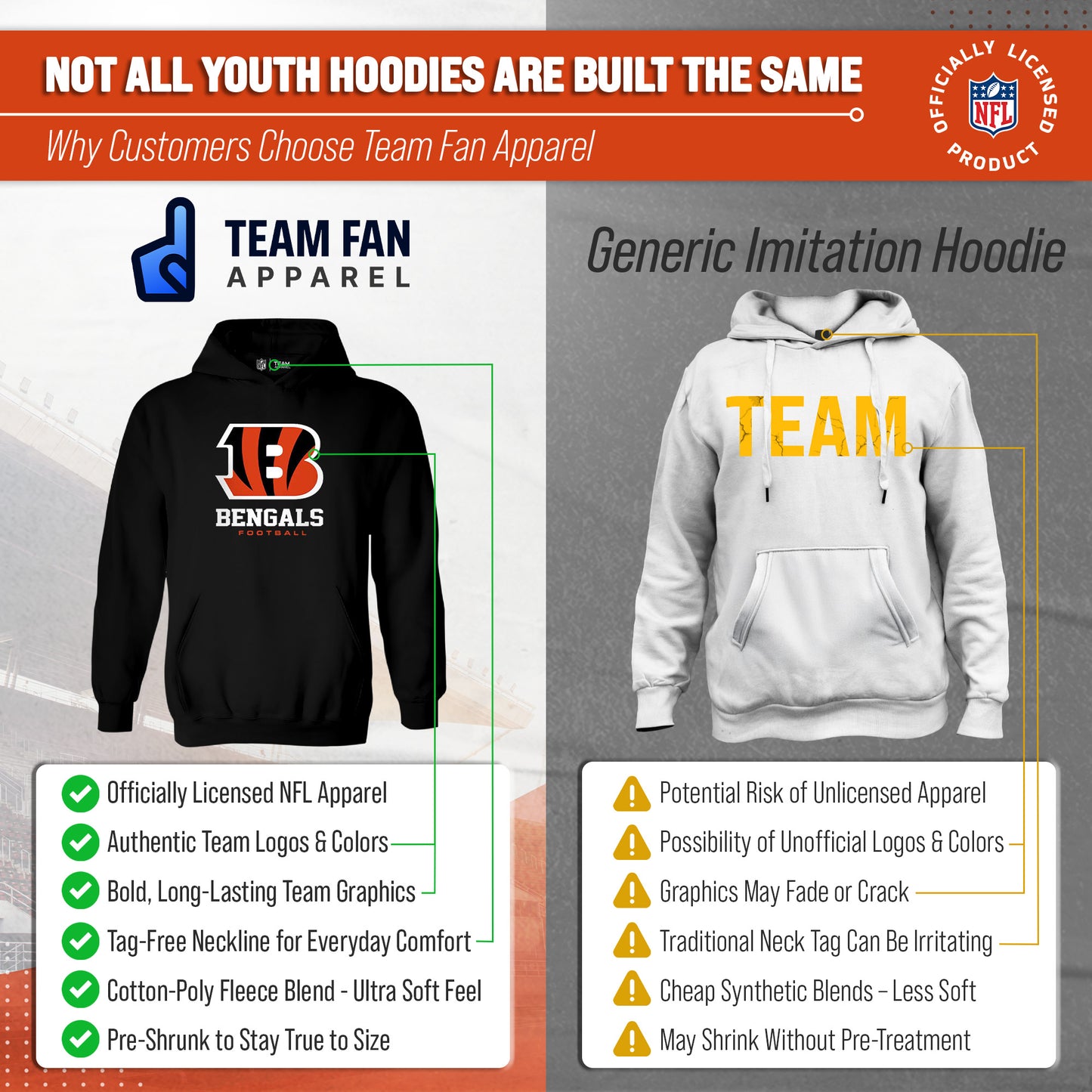 Cincinnati Bengals Youth NFL Ultimate Fan Logo Fleece Hooded Sweatshirt -Tagless Football Pullover For Kids - Black