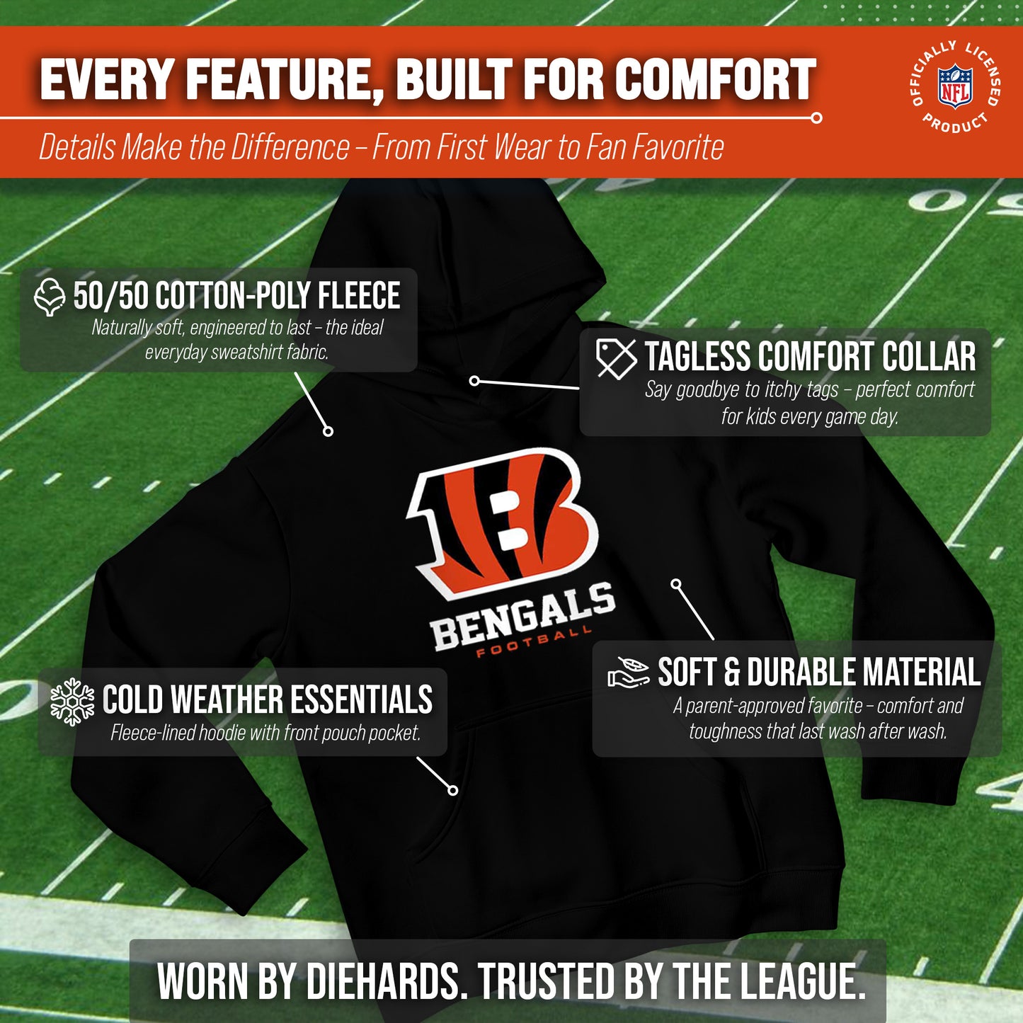 Cincinnati Bengals Youth NFL Ultimate Fan Logo Fleece Hooded Sweatshirt -Tagless Football Pullover For Kids - Black