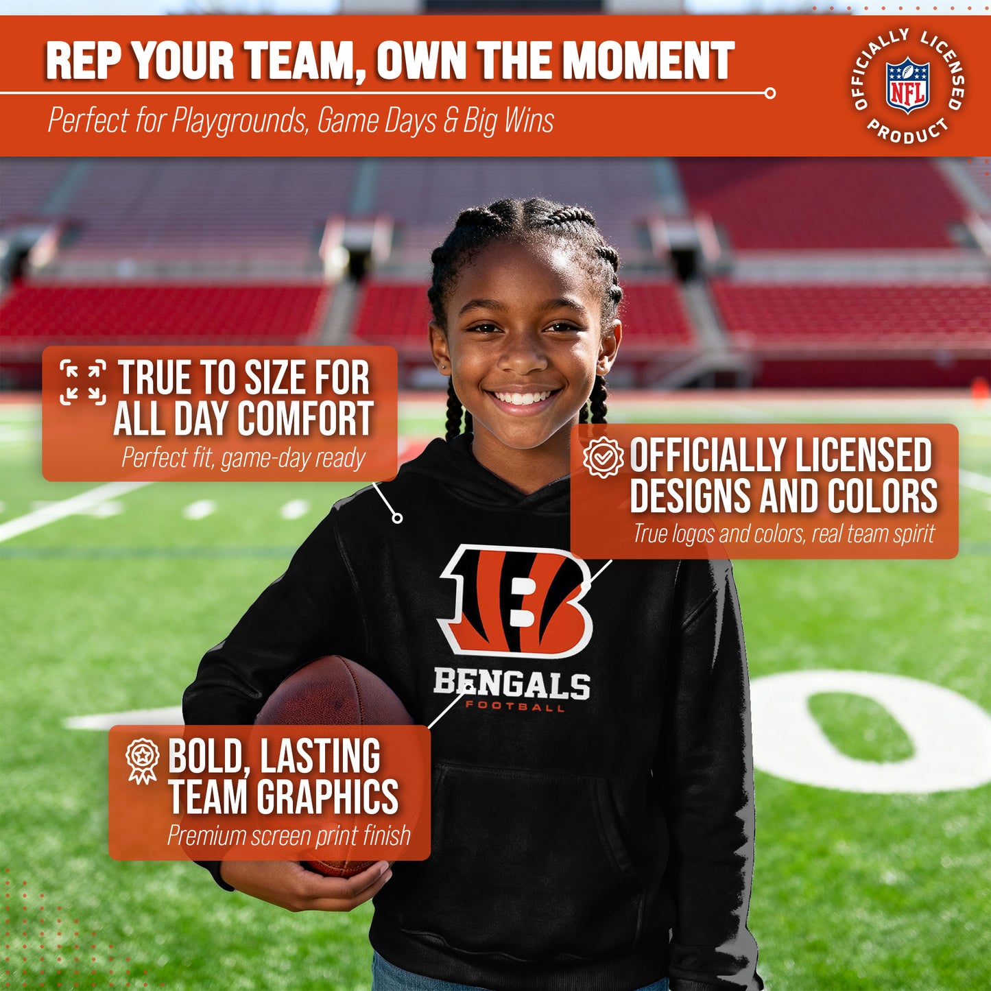 Cincinnati Bengals Youth NFL Ultimate Fan Logo Fleece Hooded Sweatshirt -Tagless Football Pullover For Kids - Black