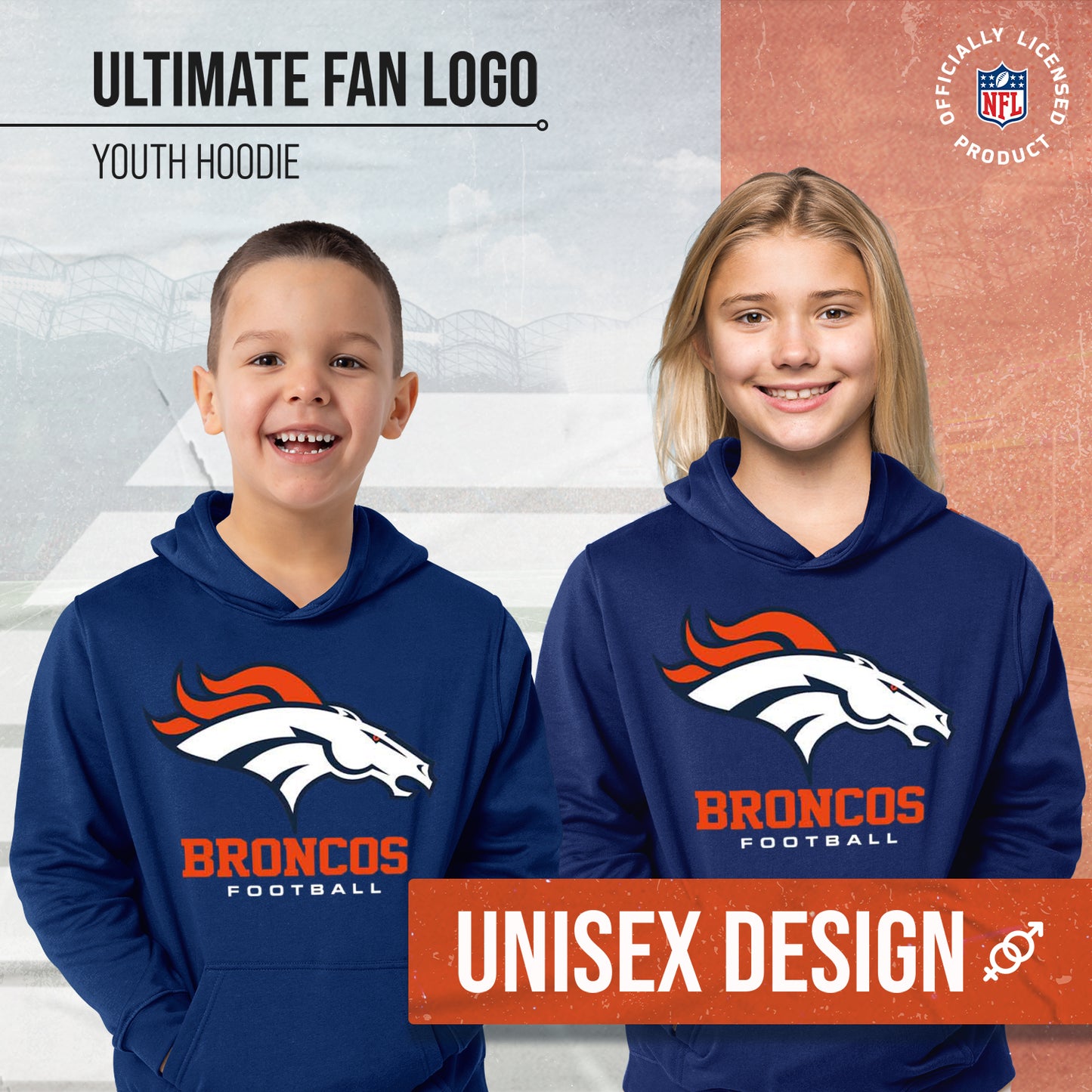 Denver Broncos Youth NFL Ultimate Fan Logo Fleece Hooded Sweatshirt -Tagless Football Pullover For Kids - Navy