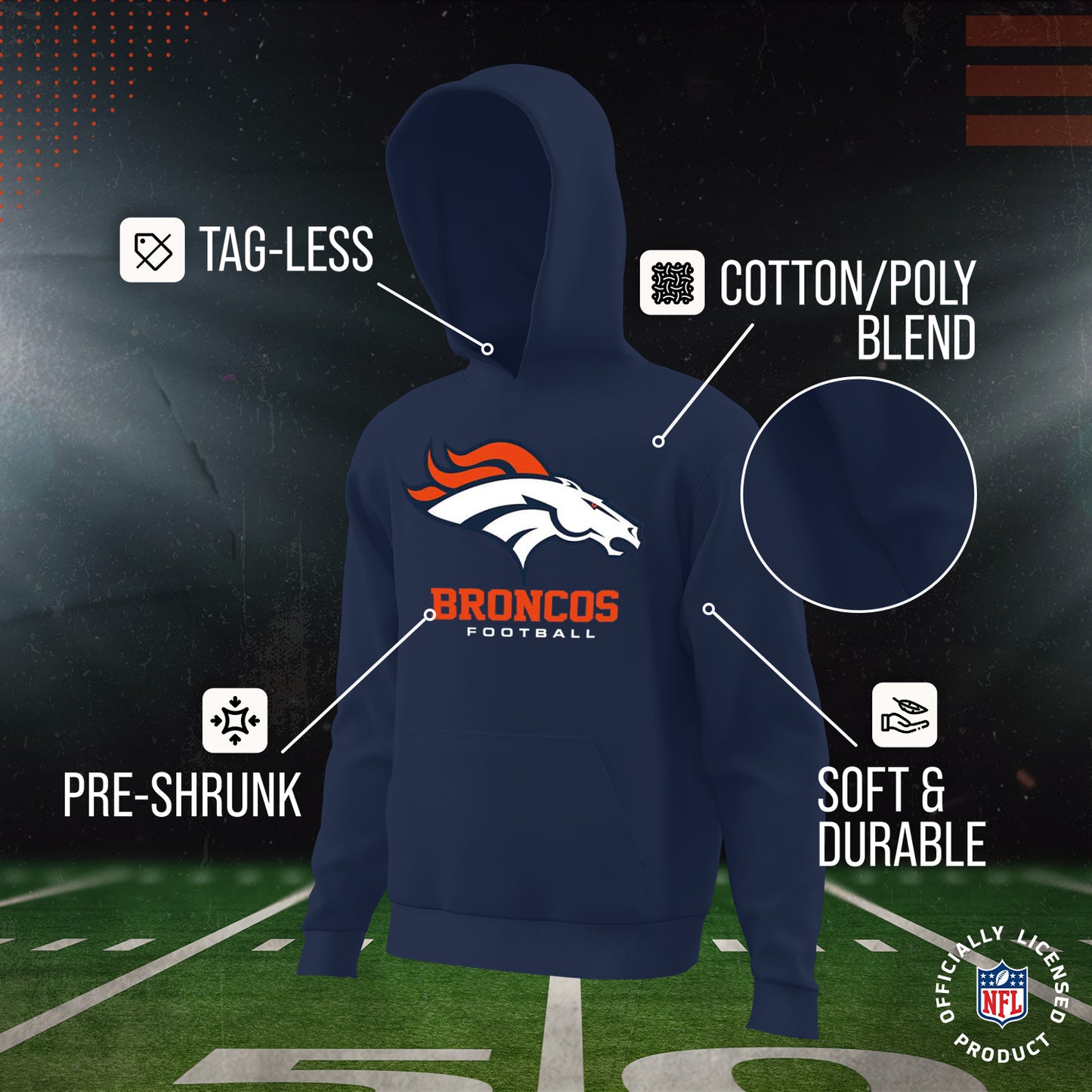 Denver Broncos Youth NFL Ultimate Fan Logo Fleece Hooded Sweatshirt -Tagless Football Pullover For Kids - Navy