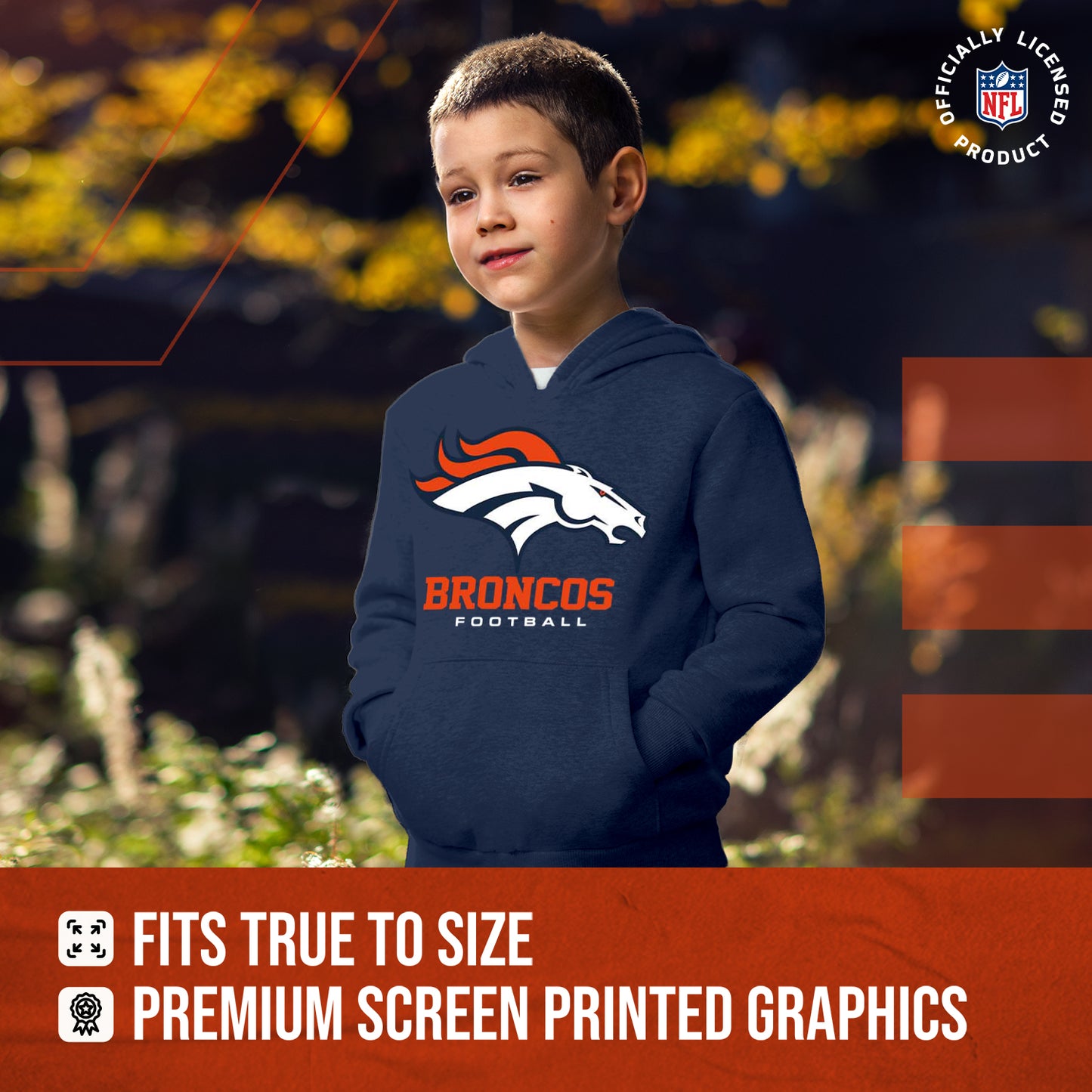 Denver Broncos Youth NFL Ultimate Fan Logo Fleece Hooded Sweatshirt -Tagless Football Pullover For Kids - Navy