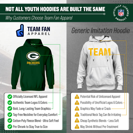 Green Bay Packers Youth NFL Ultimate Fan Logo Fleece Hooded Sweatshirt -Tagless Football Pullover For Kids - Forest Green