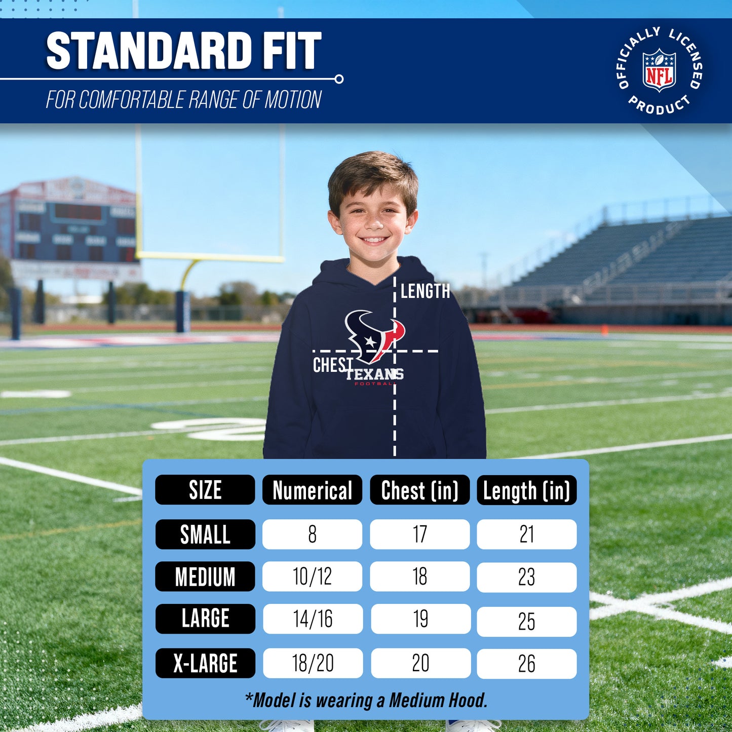 Houston Texans Youth NFL Ultimate Fan Logo Fleece Hooded Sweatshirt -Tagless Football Pullover For Kids - Navy