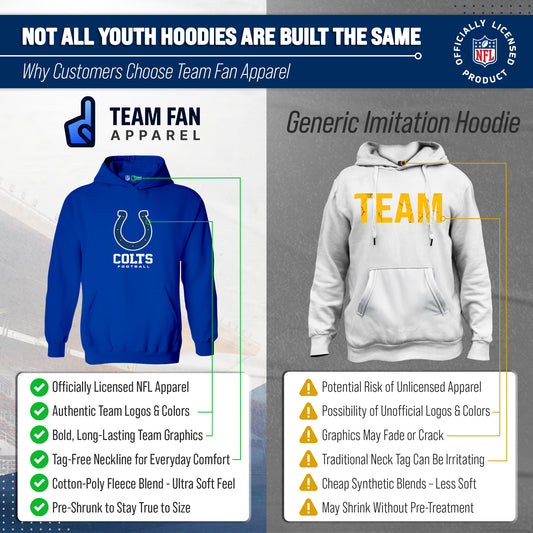 Indianapolis Colts Youth NFL Ultimate Fan Logo Fleece Hooded Sweatshirt -Tagless Football Pullover For Kids - Royal
