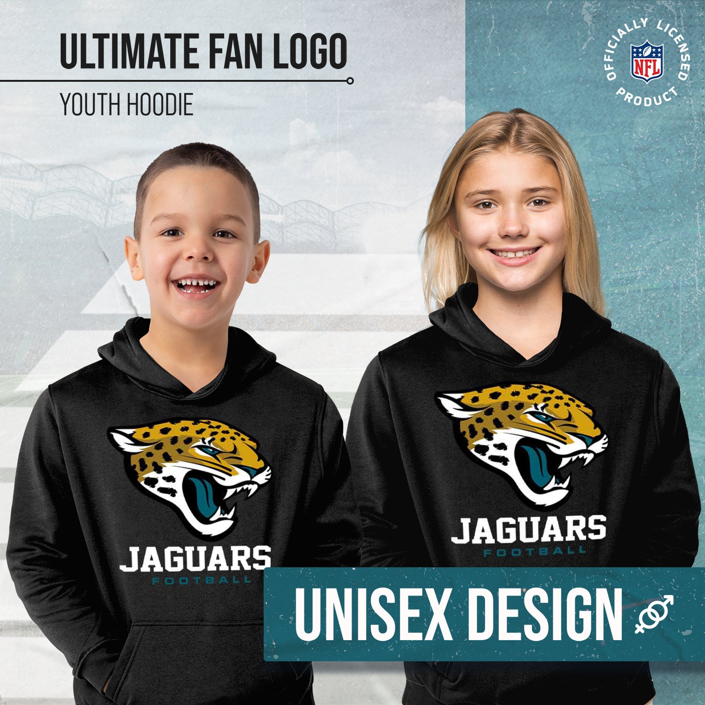 Jacksonville Jaguars Youth NFL Ultimate Fan Logo Fleece Hooded Sweatshirt -Tagless Football Pullover For Kids - Black