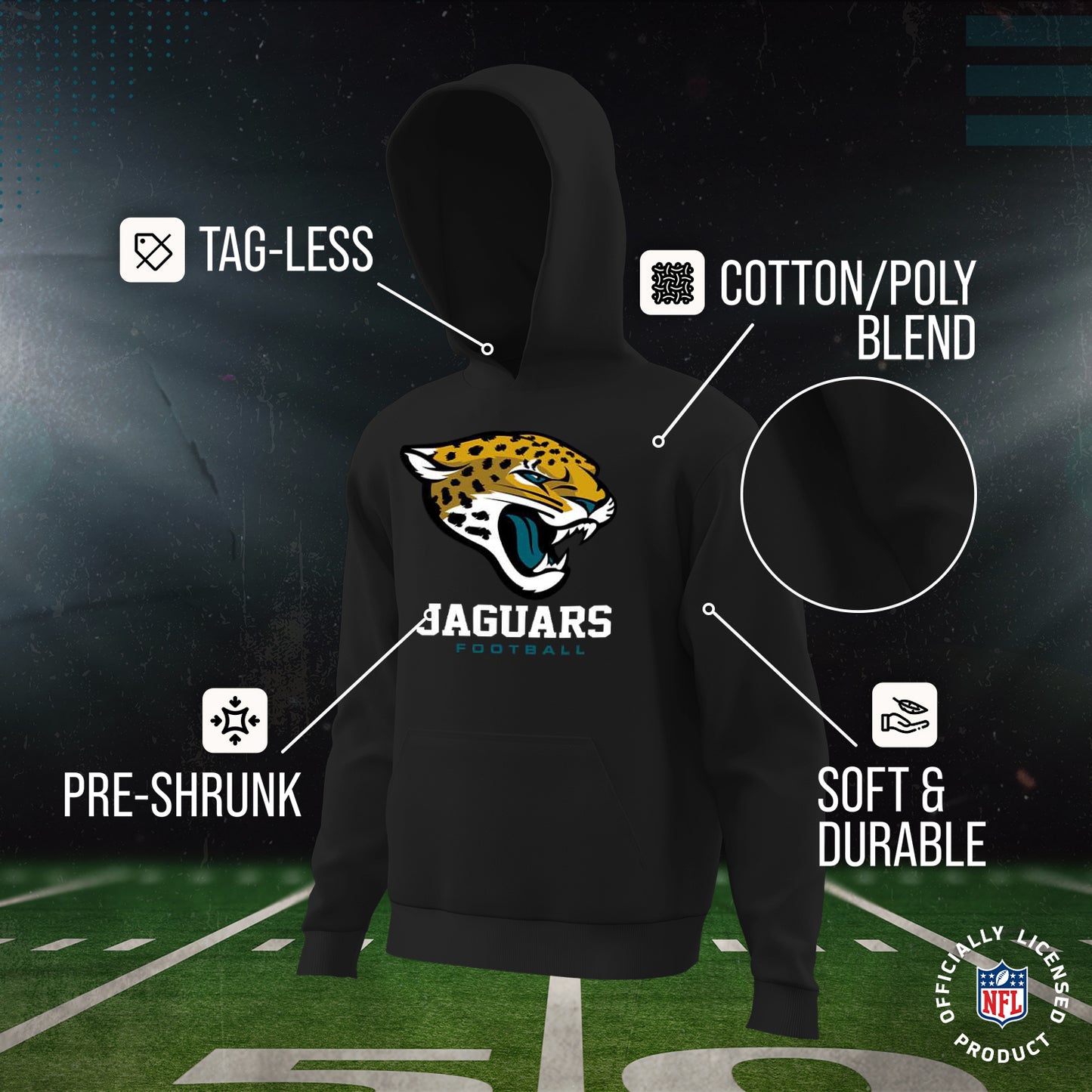 Jacksonville Jaguars Youth NFL Ultimate Fan Logo Fleece Hooded Sweatshirt -Tagless Football Pullover For Kids - Black