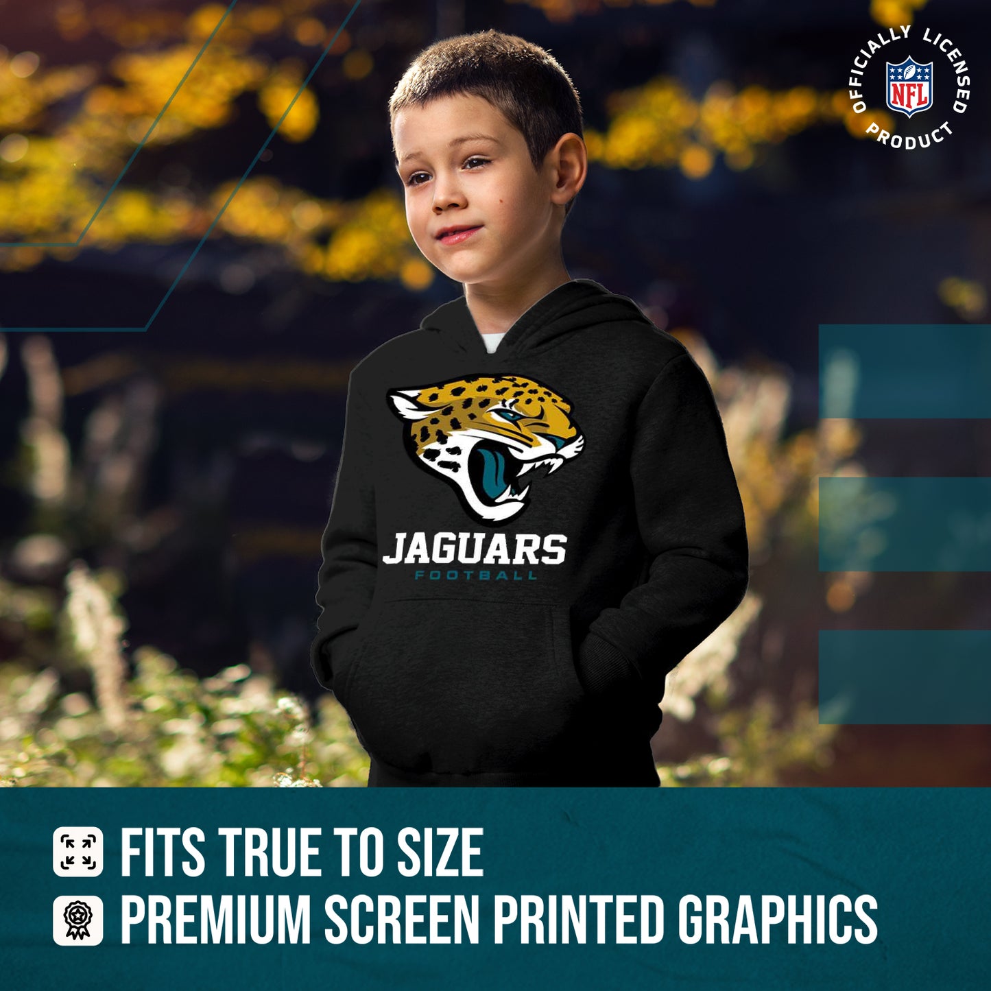 Jacksonville Jaguars Youth NFL Ultimate Fan Logo Fleece Hooded Sweatshirt -Tagless Football Pullover For Kids - Black