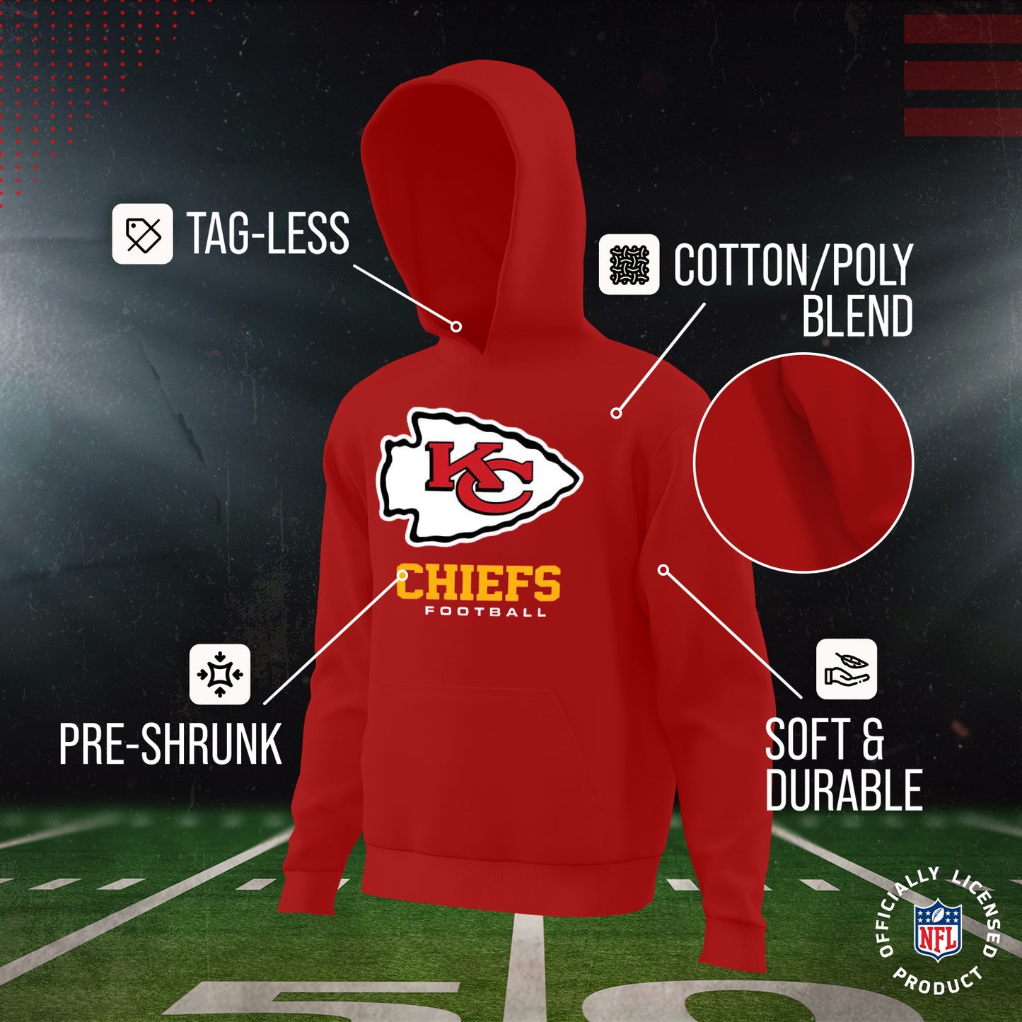 Kansas City Chiefs Youth NFL Ultimate Fan Logo Fleece Hooded Sweatshirt -Tagless Football Pullover For Kids - Red