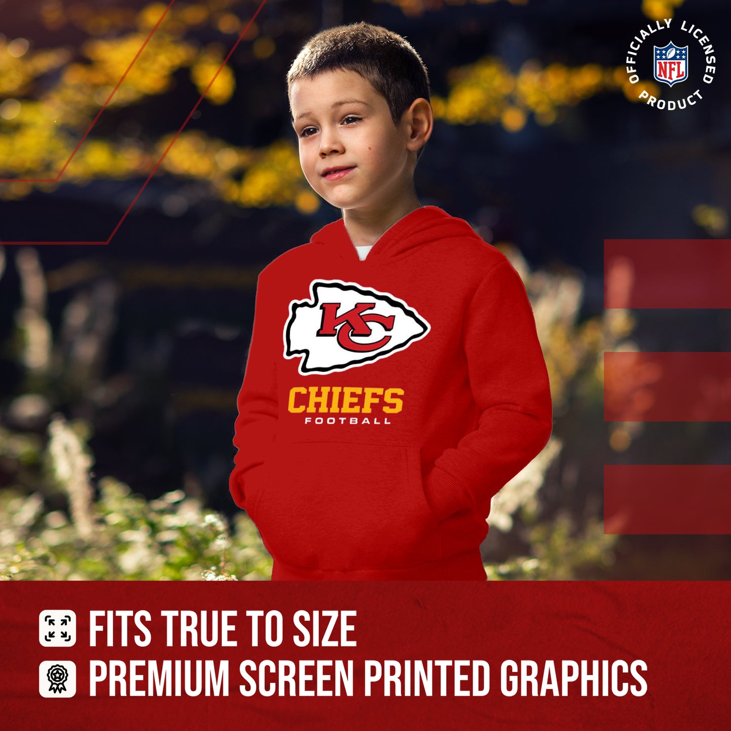 Kansas City Chiefs Youth NFL Ultimate Fan Logo Fleece Hooded Sweatshirt -Tagless Football Pullover For Kids - Red