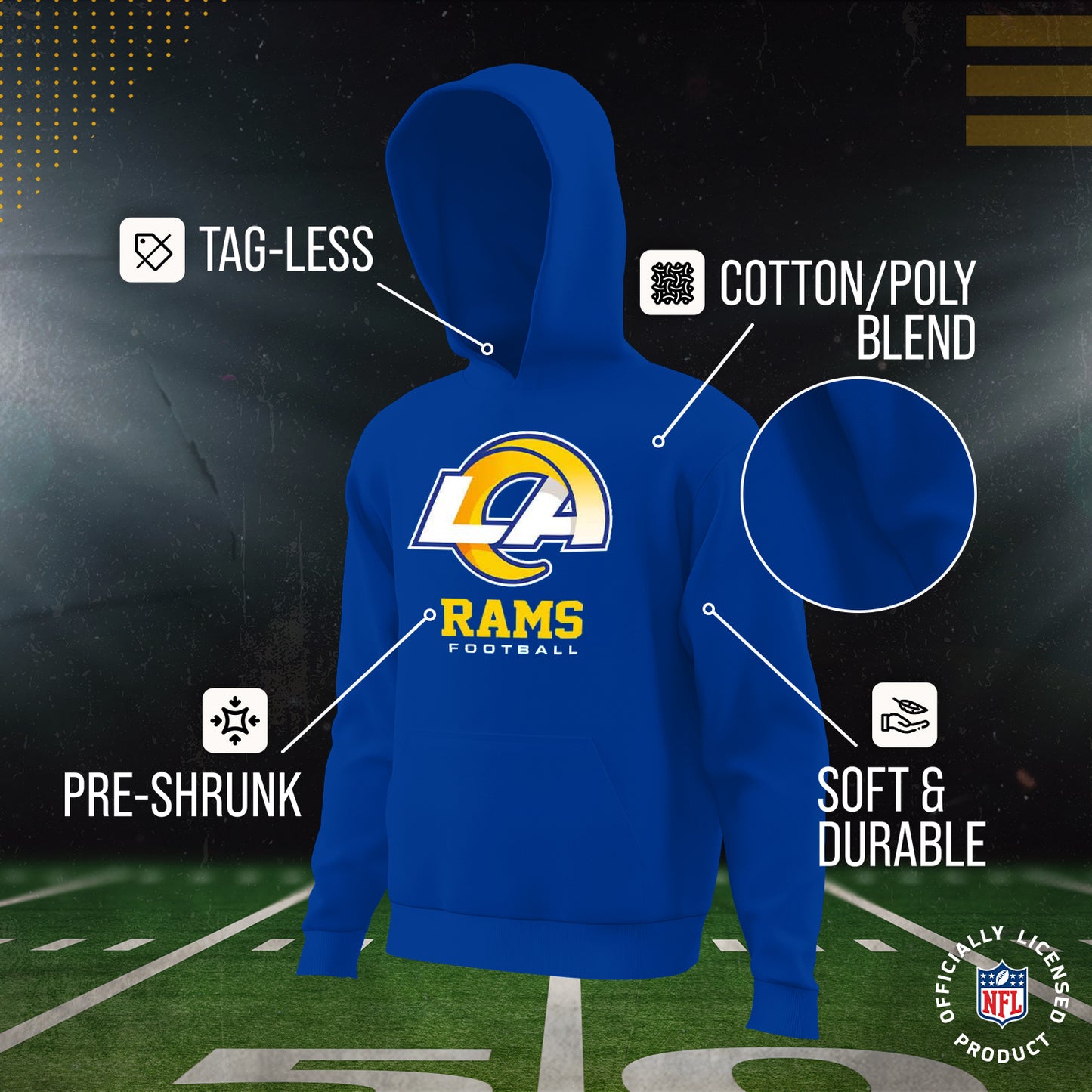 Los Angeles Rams Youth NFL Ultimate Fan Logo Fleece Hooded Sweatshirt -Tagless Football Pullover For Kids - Royal