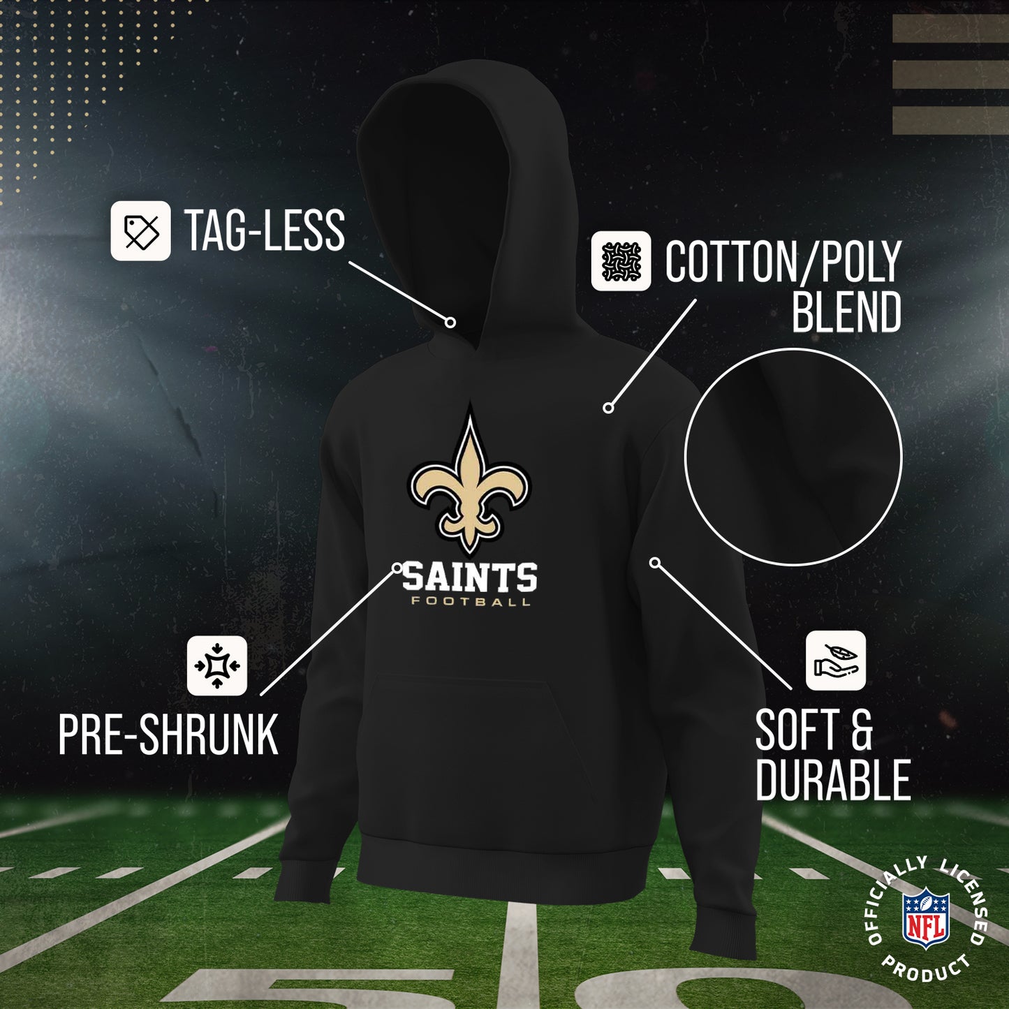 New Orleans Saints Youth NFL Ultimate Fan Logo Fleece Hooded Sweatshirt -Tagless Football Pullover For Kids - Black