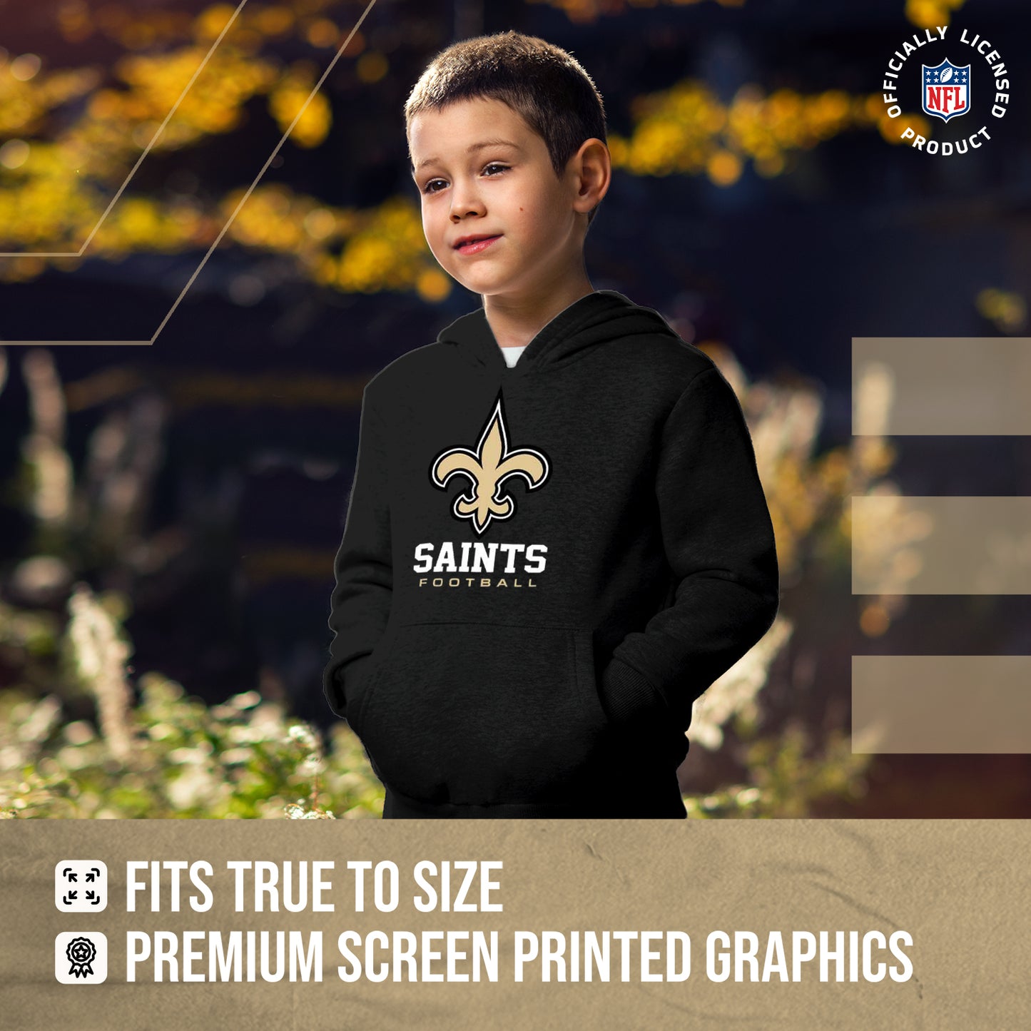New Orleans Saints Youth NFL Ultimate Fan Logo Fleece Hooded Sweatshirt -Tagless Football Pullover For Kids - Black