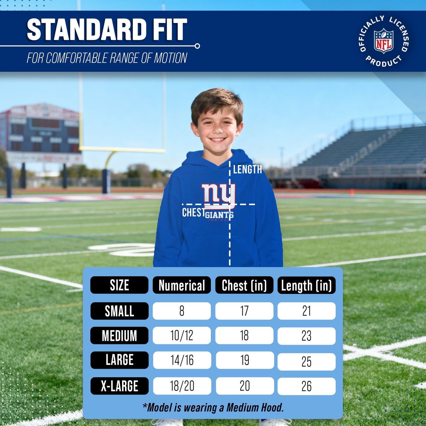 New York Giants Youth NFL Ultimate Fan Logo Fleece Hooded Sweatshirt -Tagless Football Pullover For Kids - Royal