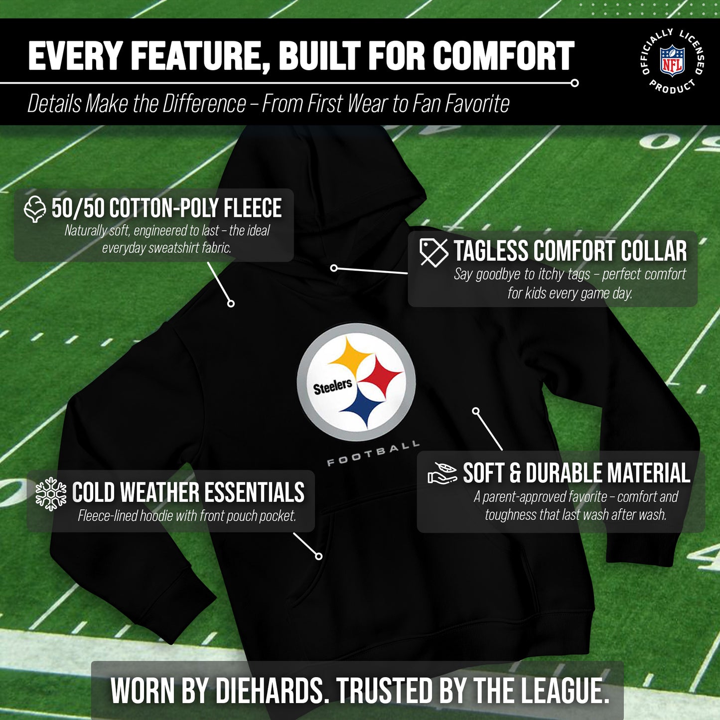 Pittsburgh Steelers Youth NFL Ultimate Fan Logo Fleece Hooded Sweatshirt -Tagless Football Pullover For Kids - Black