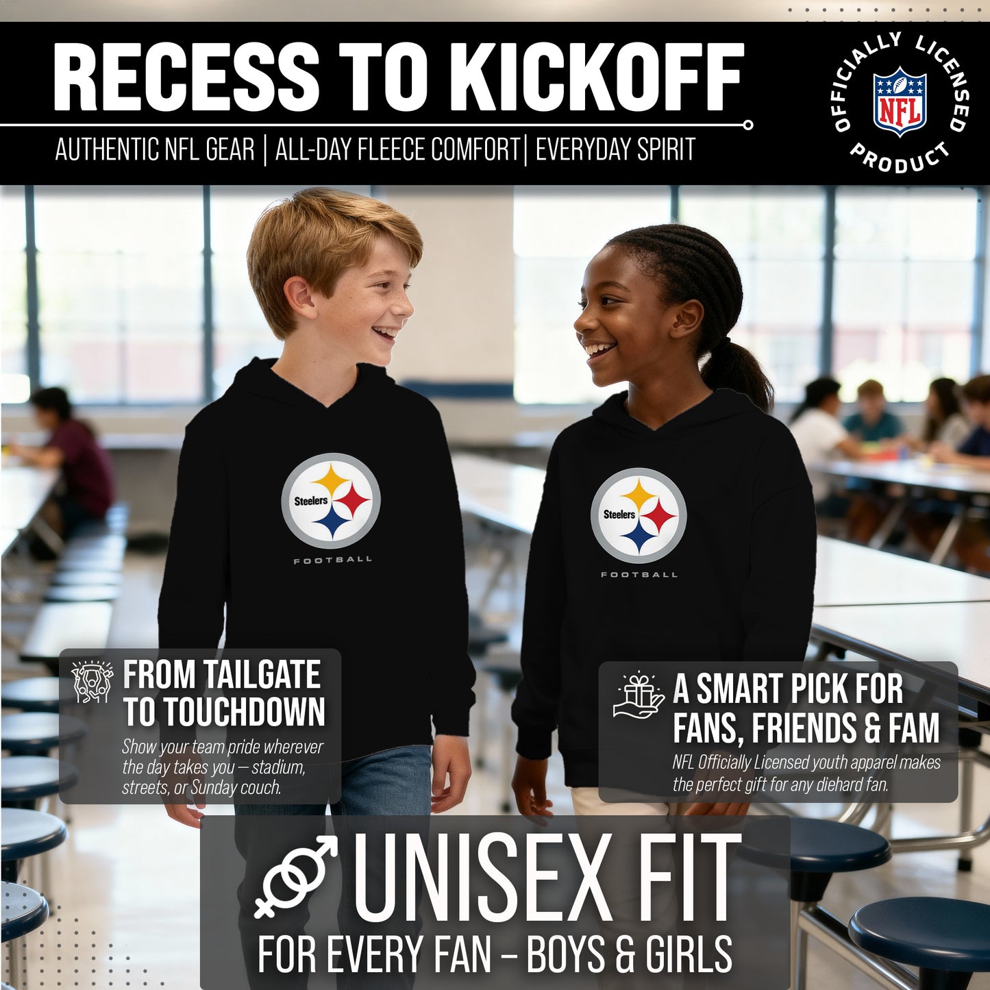 Pittsburgh Steelers Youth NFL Ultimate Fan Logo Fleece Hooded Sweatshirt -Tagless Football Pullover For Kids - Black