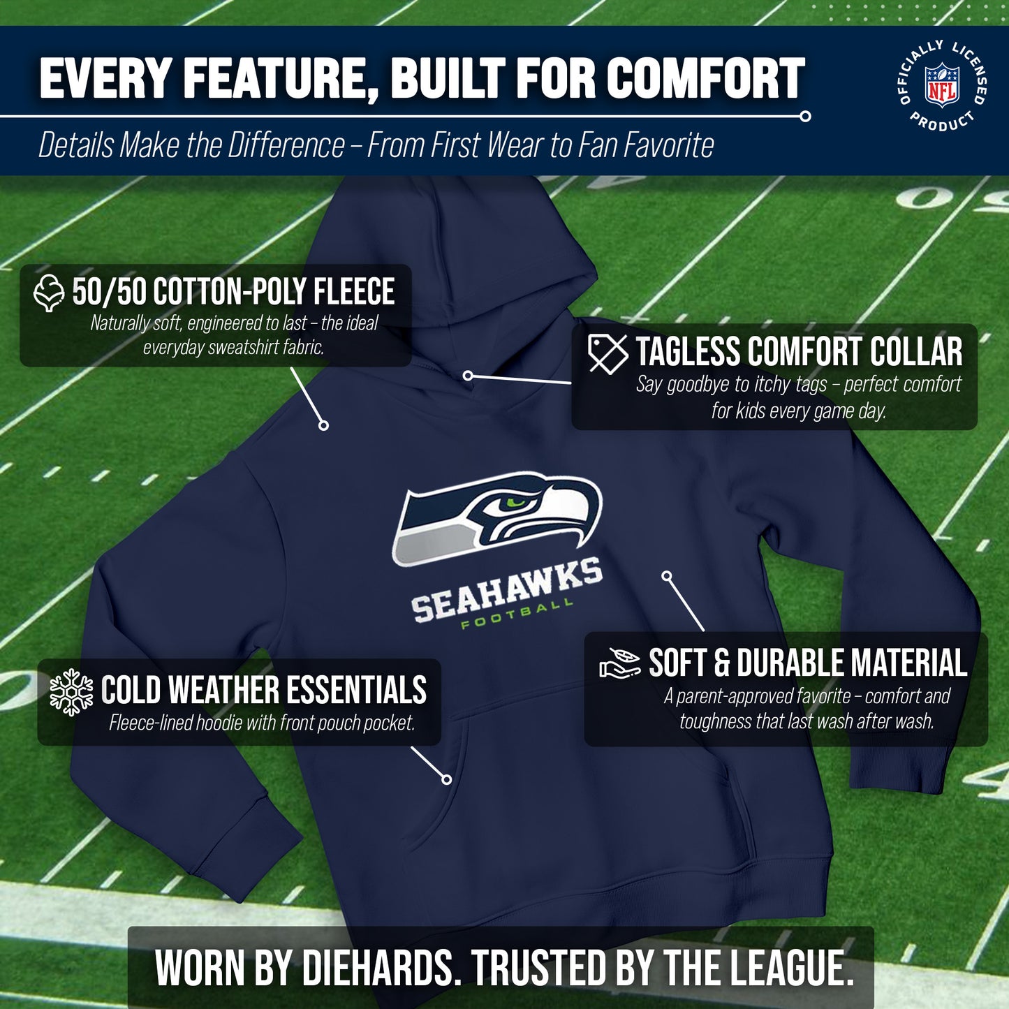 Seattle Seahawks Youth NFL Ultimate Fan Logo Fleece Hooded Sweatshirt -Tagless Football Pullover For Kids - Navy