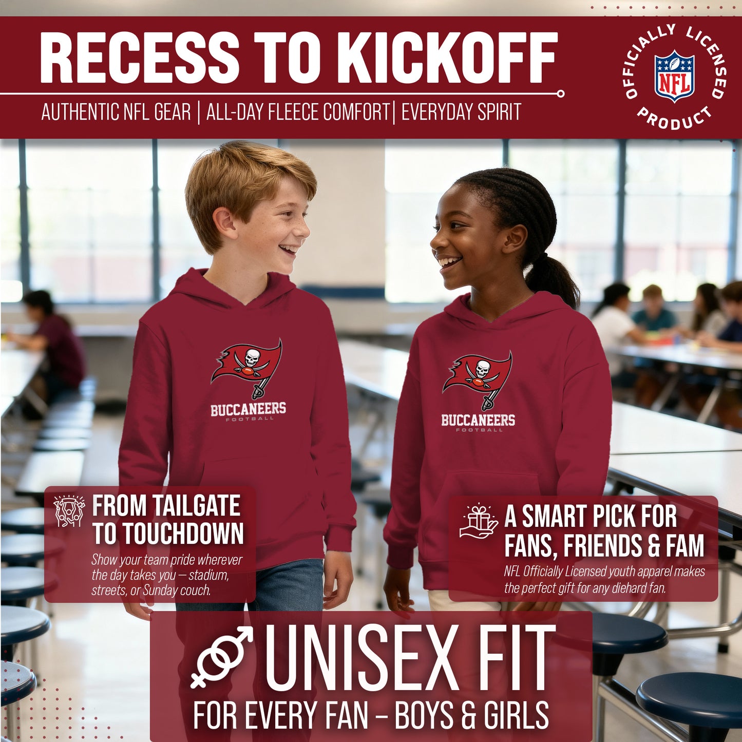 Tampa Bay Buccaneers Youth NFL Ultimate Fan Logo Fleece Hooded Sweatshirt -Tagless Football Pullover For Kids - Cardinal