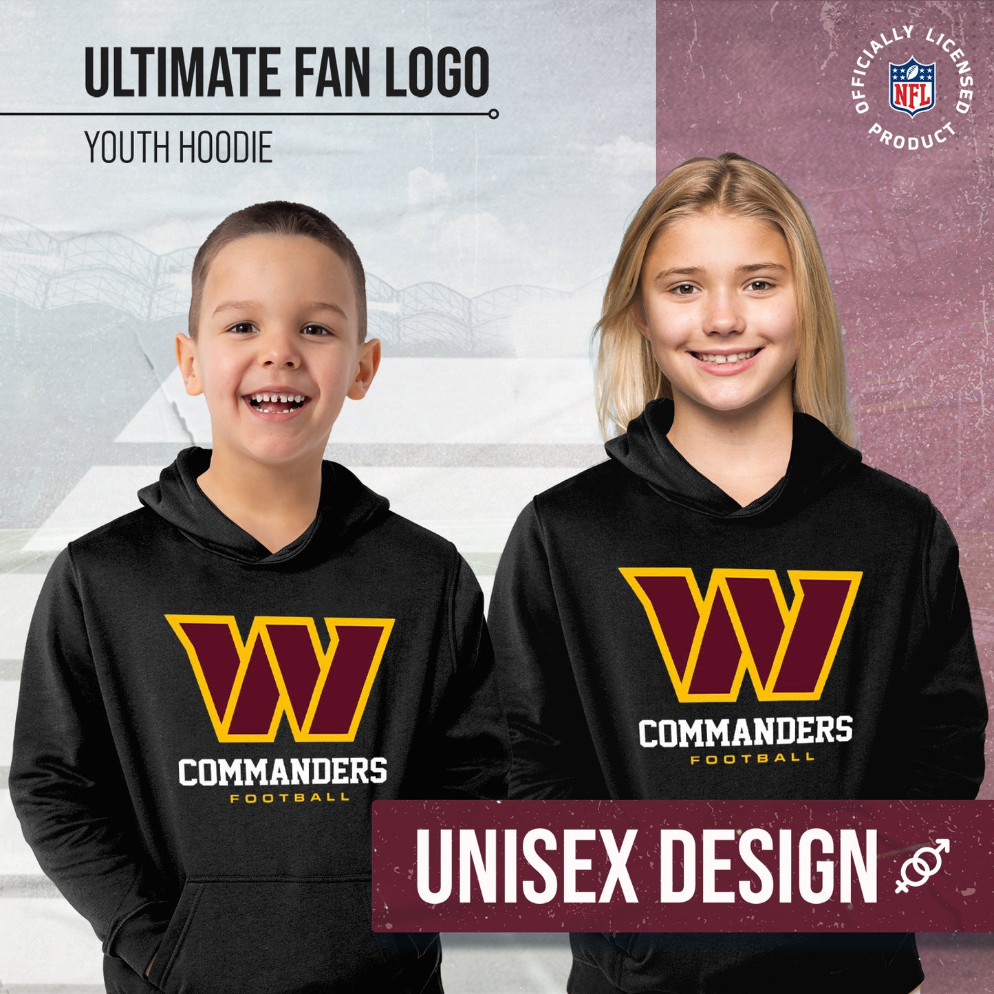 Washington Commanders Youth NFL Ultimate Fan Logo Fleece Hooded Sweatshirt -Tagless Football Pullover For Kids - Black