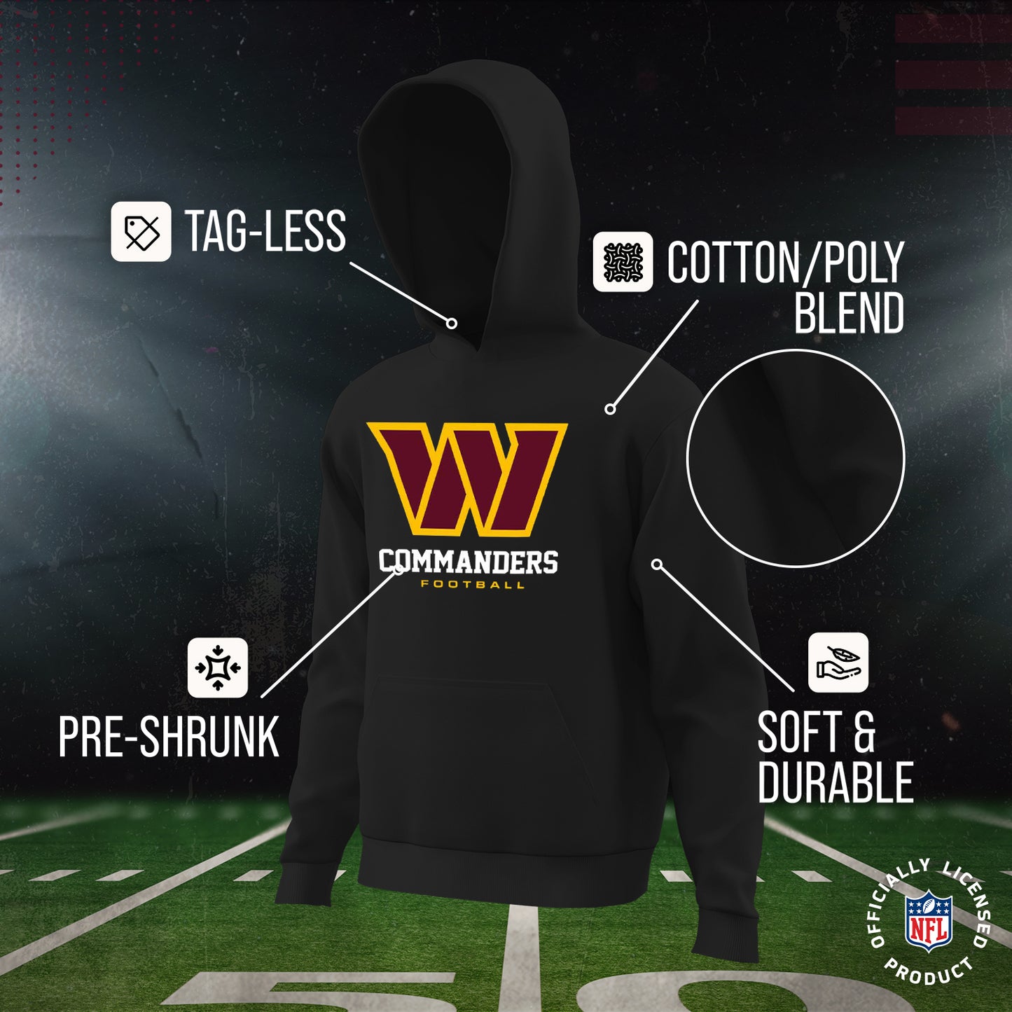 Washington Commanders Youth NFL Ultimate Fan Logo Fleece Hooded Sweatshirt -Tagless Football Pullover For Kids - Black