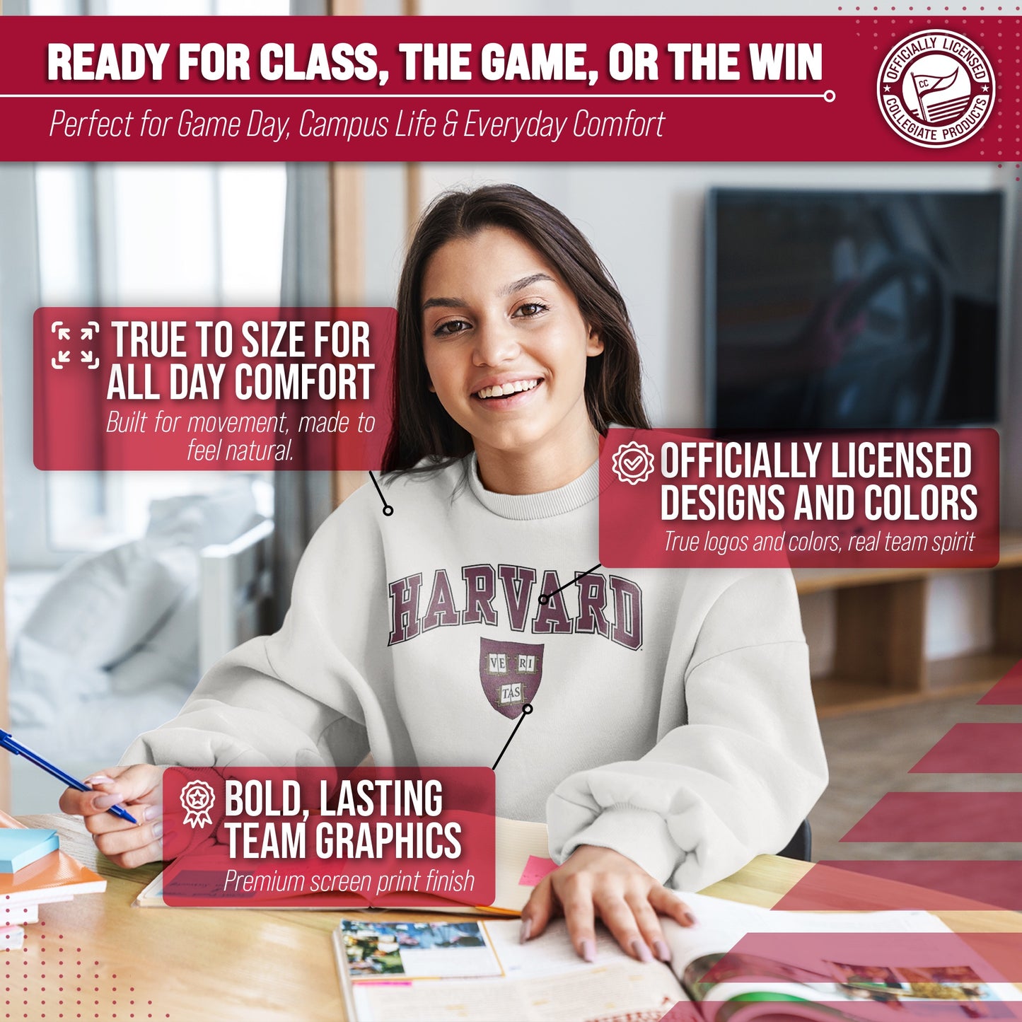Harvard Crimson Adult Arch & Logo Soft Style Gameday Crewneck Sweatshirt - White
