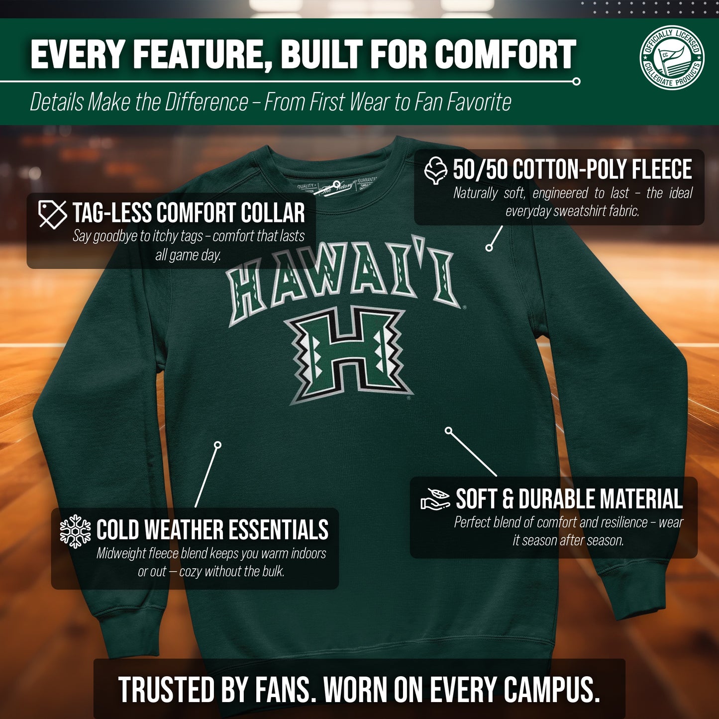 Hawaii Rainbow Warriors Adult Arch & Logo Soft Style Gameday Crewneck Sweatshirt - Green
