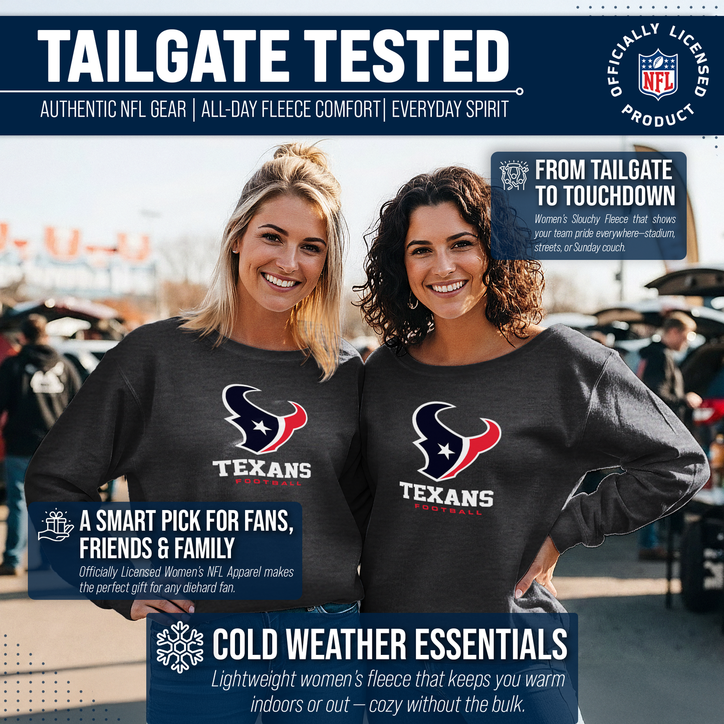 Houston Texans Women's NFL Ultimate Fan Logo Slouchy Crewneck -Tagless Fleece Lightweight Pullover - Charcoal