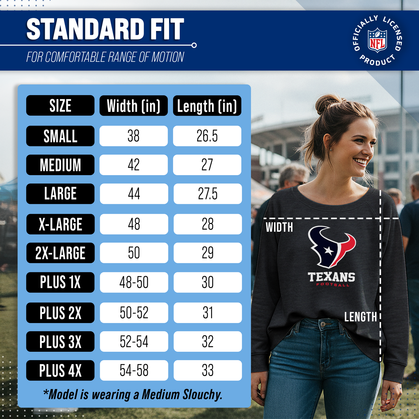 Houston Texans Women's NFL Ultimate Fan Logo Slouchy Crewneck -Tagless Fleece Lightweight Pullover - Charcoal