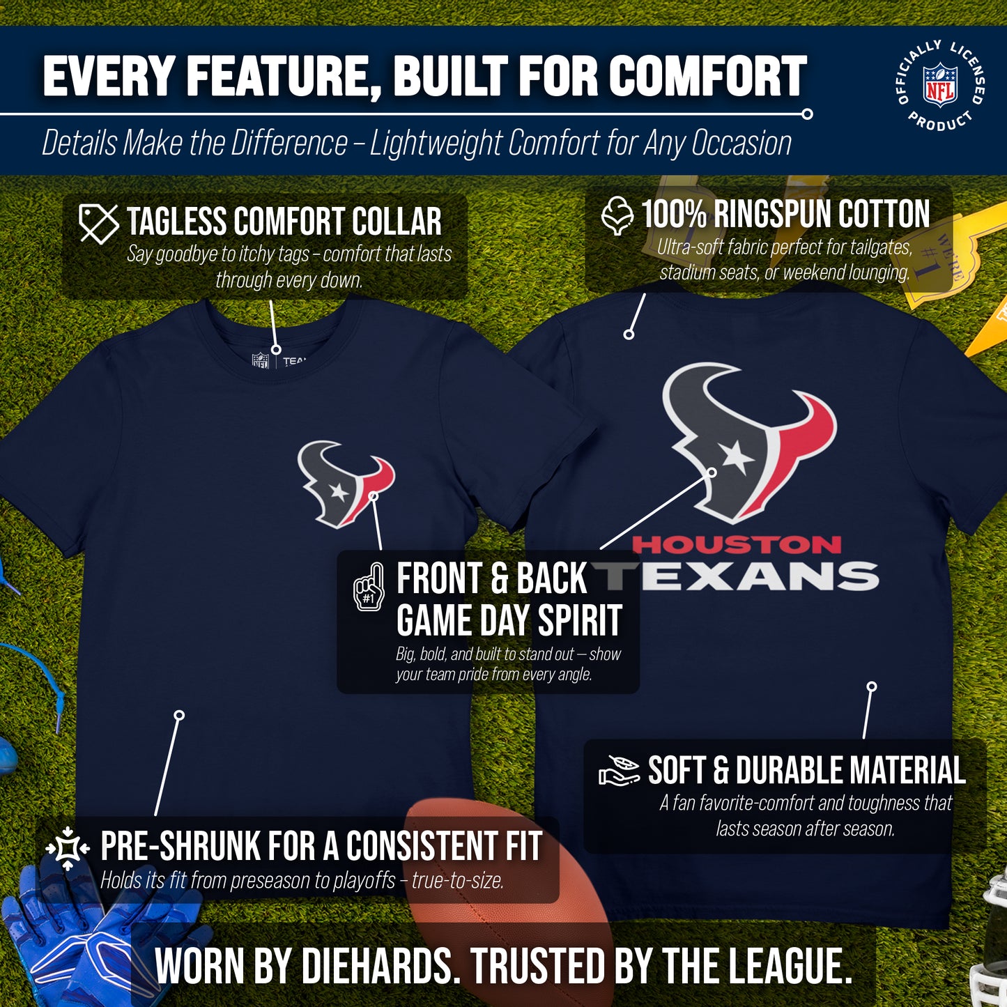 Houston Texans NFL Pro Football Final Countdown Adult Cotton-Poly Short Sleeved T-Shirt For Men & Women - Navy