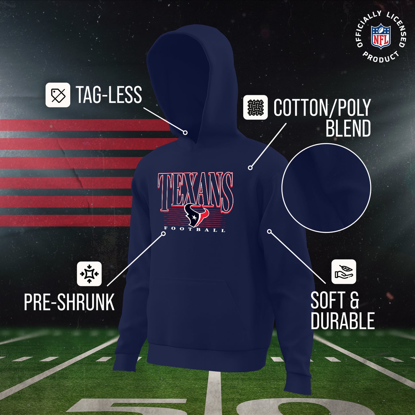 Houston Texans NFL Youth Overtime Blueprint Football Fleece Hooded Sweatshirt - Navy